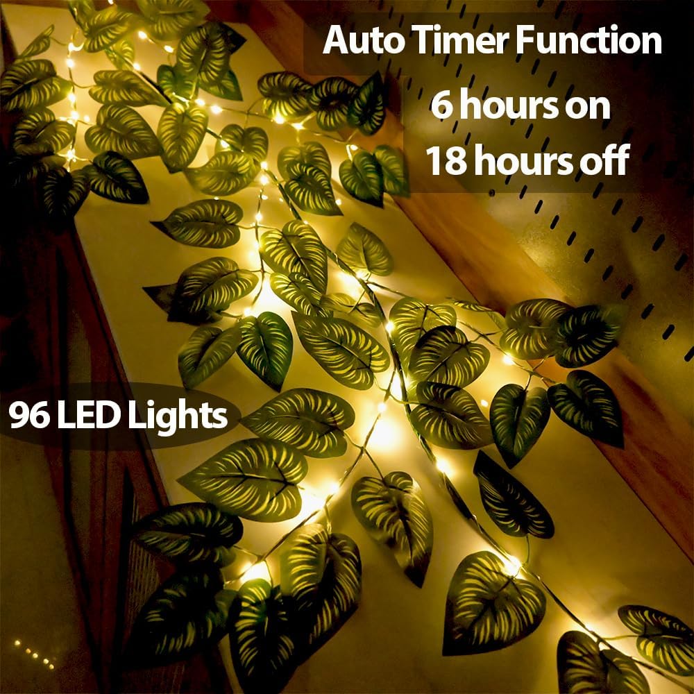 6.56FT Green Vines Garland with Lights 96 LED Battery Operated with Timer Faux Photos Vines Twig with Lights Spring Garlands Decortions for Mantel Fireplace Table Wall Patio Wedding Holiday Home Decor