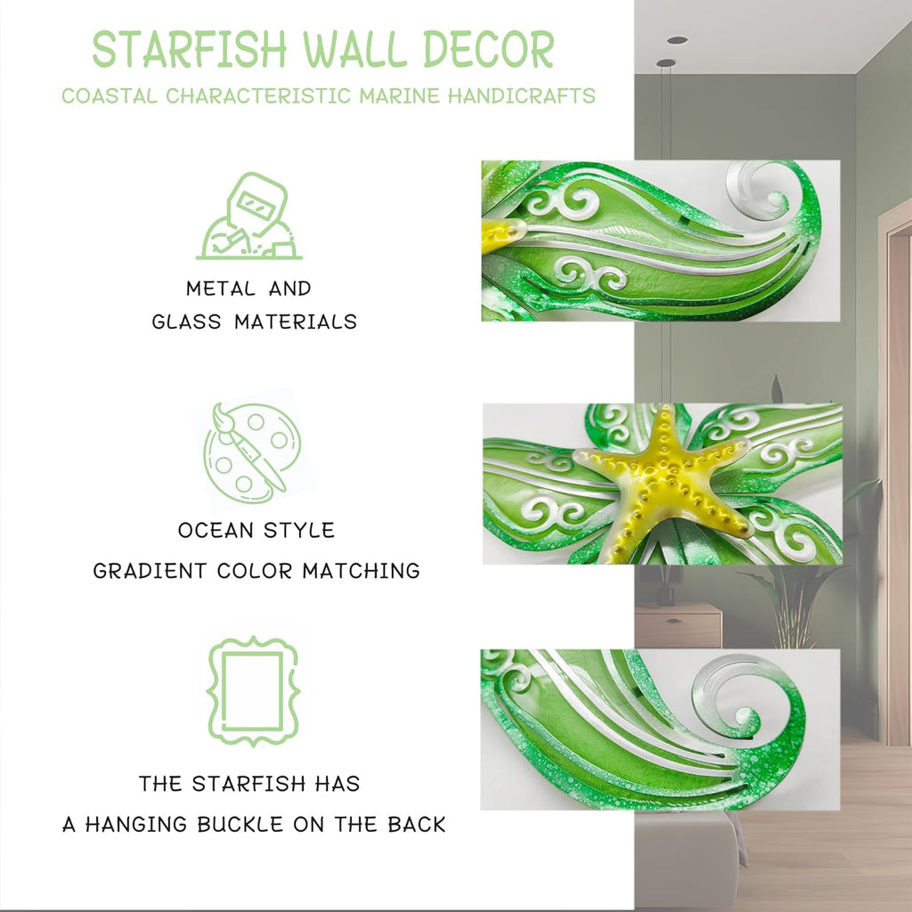 Metal Starfish Wall Decor, Sea Life Coastal Decorations 12 inch Starfish Wall Art, Nautical Home Decoration Handing Ocean Beach Wall Art for Garden,Fence,Home,Patio,Kitchen,Bathroom,(Green)