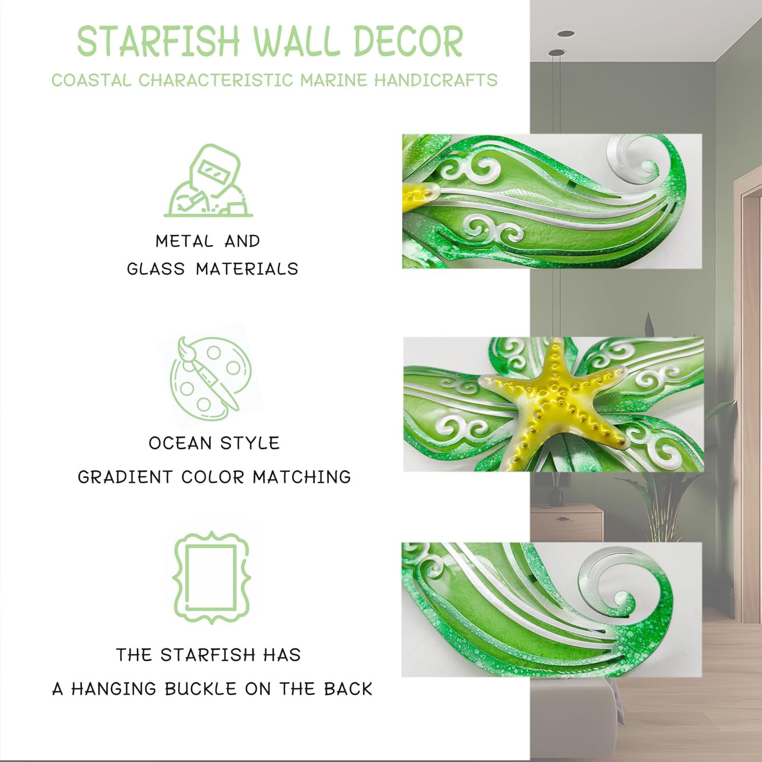 Metal Starfish Wall Decor, Sea Life Coastal Decorations 12 inch Starfish Wall Art, Nautical Home Decoration Handing Ocean Beach Wall Art for Garden,Fence,Home,Patio,Kitchen,Bathroom,(Green)