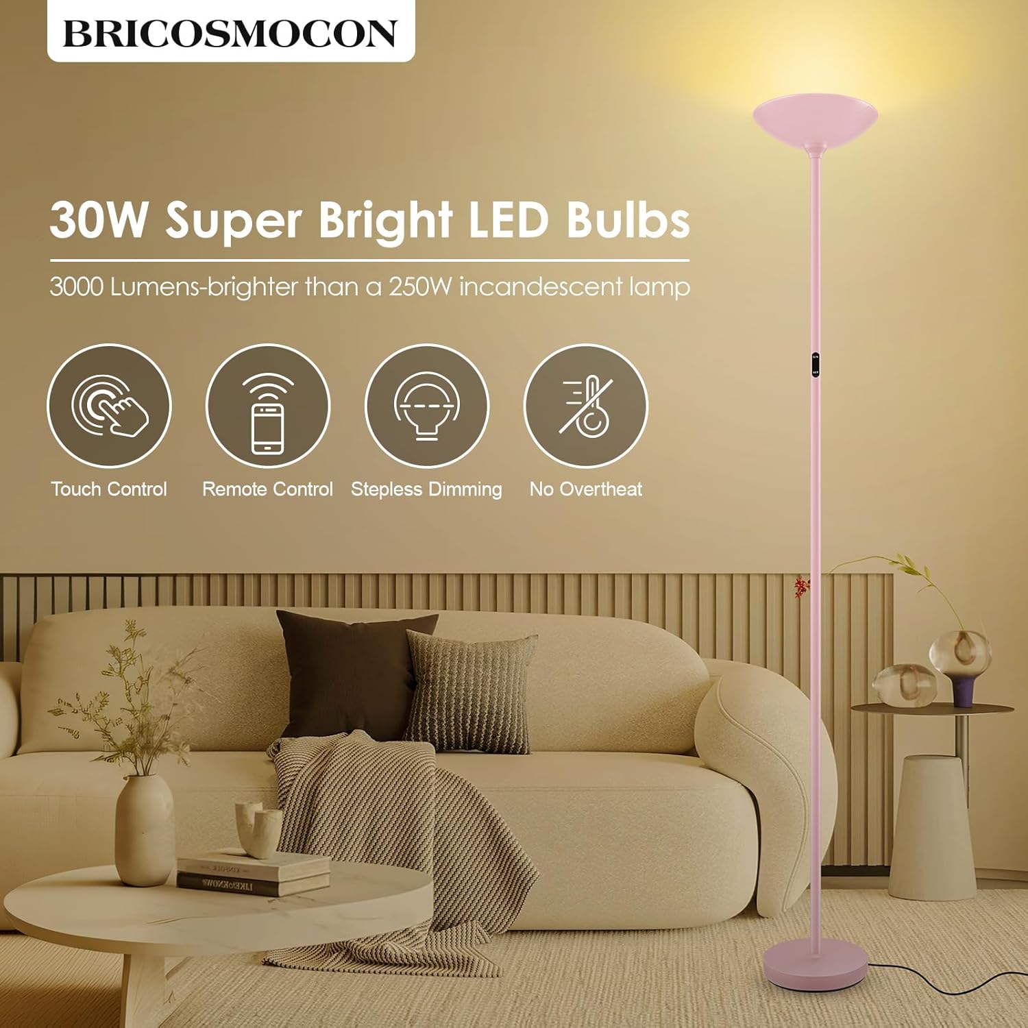 Stepless Dimmable Floor Lamp,30W 3000LM Super Bright LED Torchiere Floor Lamps with Remote & Touch Control,71 in Tall Modern Standing Lamp for Living Room Bedroom Office,2700k-6500k,Pink