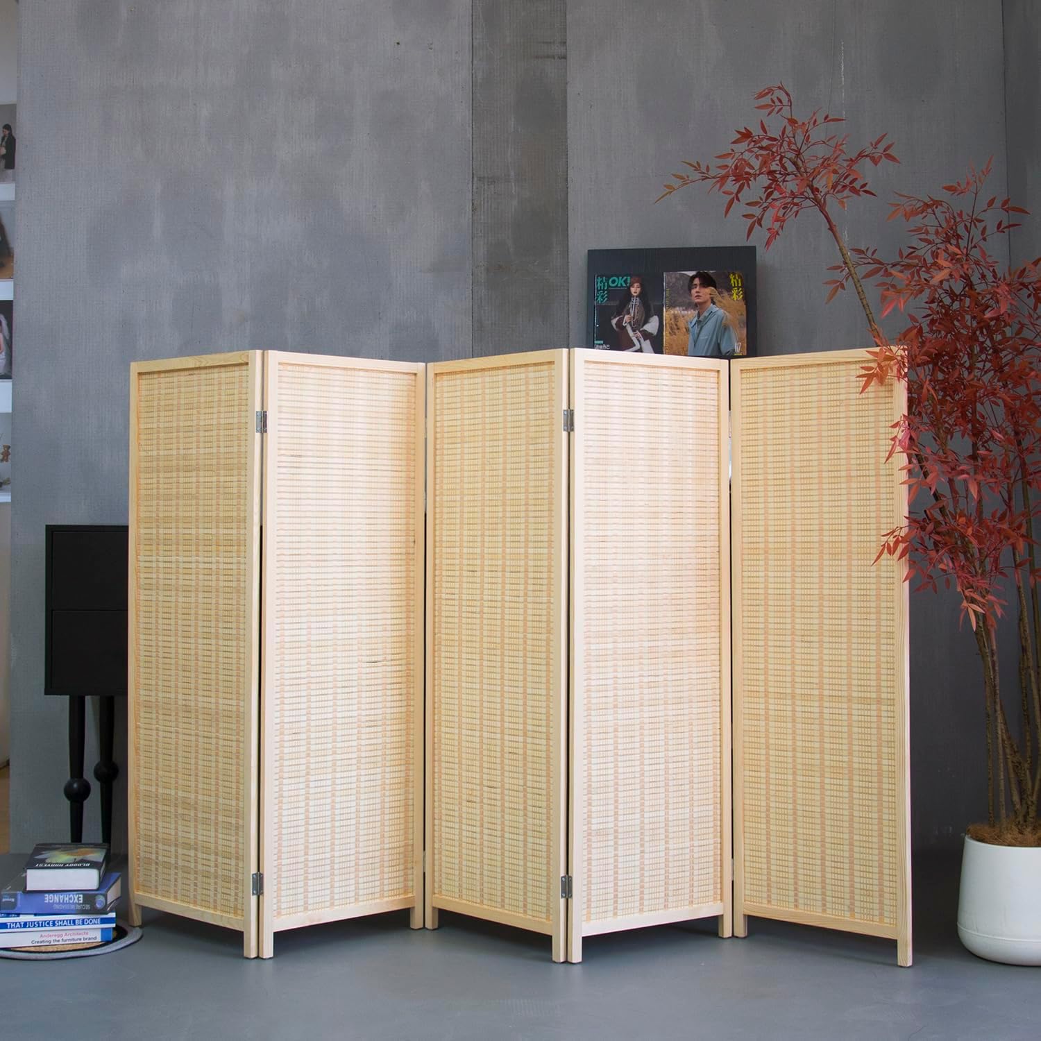 5 Panel Room Divider Short Folding Screen Divider,Double Sided Bamboo Panel Divider for Room Separation,Beige,47.2" H x 76.75" W