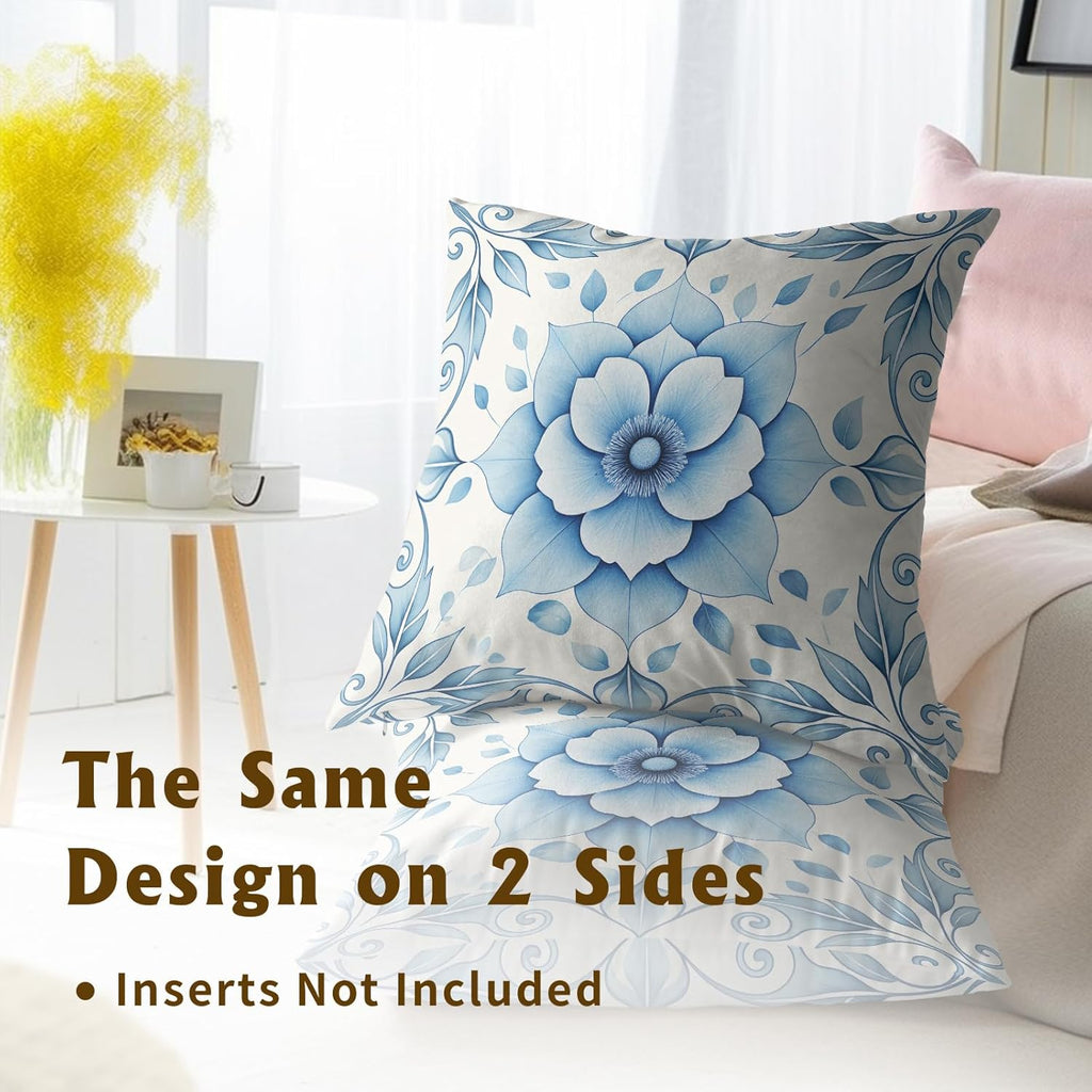 Boho Chic Blue Lotus Throw Pillow Covers Set of 2 Ultra-Soft All-Season Pillow Shams with Hidden Zipper,Durable for Sofa Bed Car Decor & Gift Luxury 18x18IN