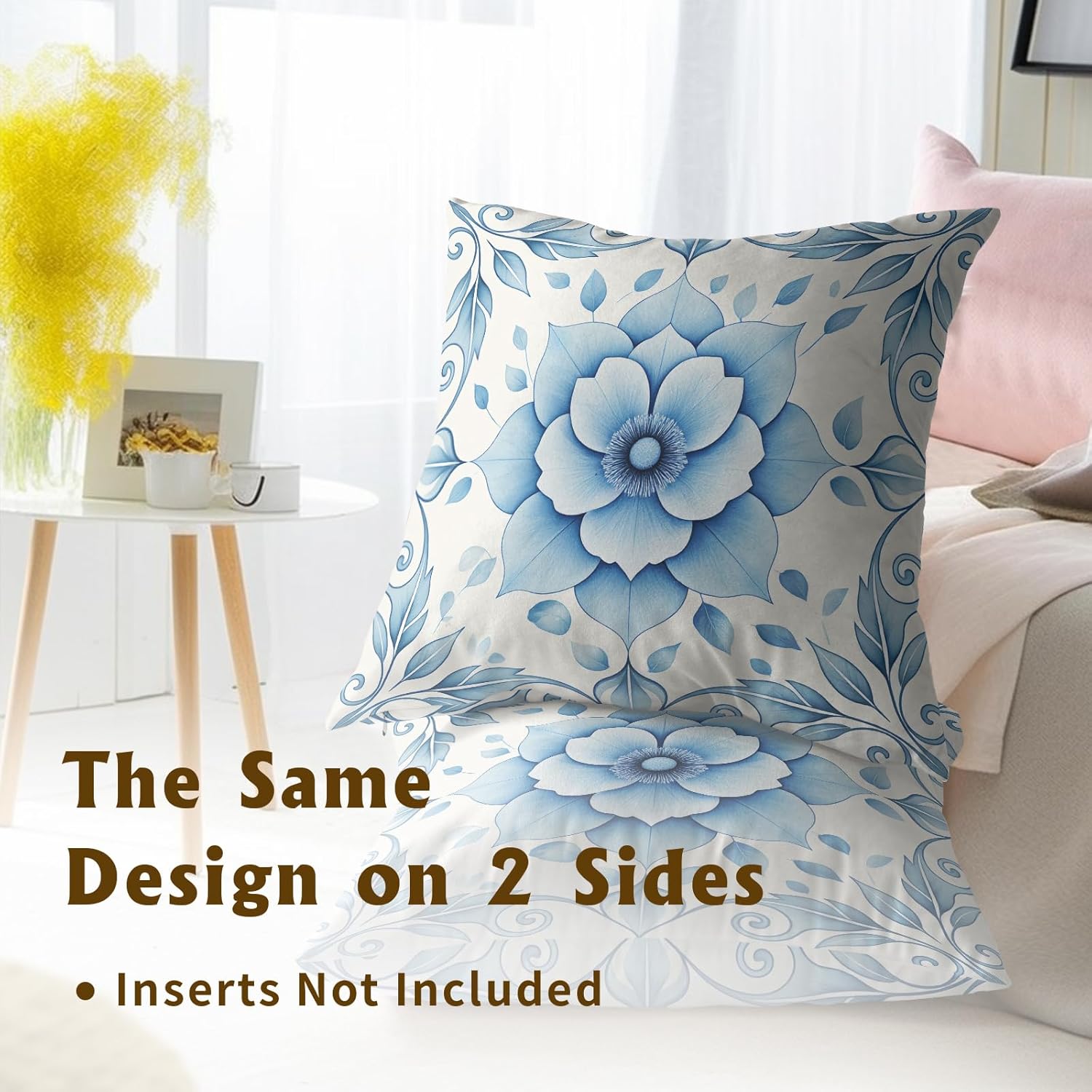 Boho Chic Blue Lotus Throw Pillow Covers Set of 2 Ultra-Soft All-Season Pillow Shams with Hidden Zipper,Durable for Sofa Bed Car Decor & Gift Luxury 18x18IN