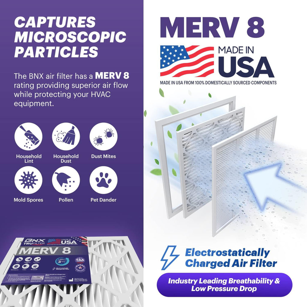 BNX TruFilter 16x25x1 Air Filter MERV 8 (4 Pack) - MADE IN USA – Dust & Pet Defense Electrostatic Pleated Air Conditioner HVAC AC Furnace Filters for Dust, Pet, Mold, Pollen MPR 600 – 700 & FPR 5