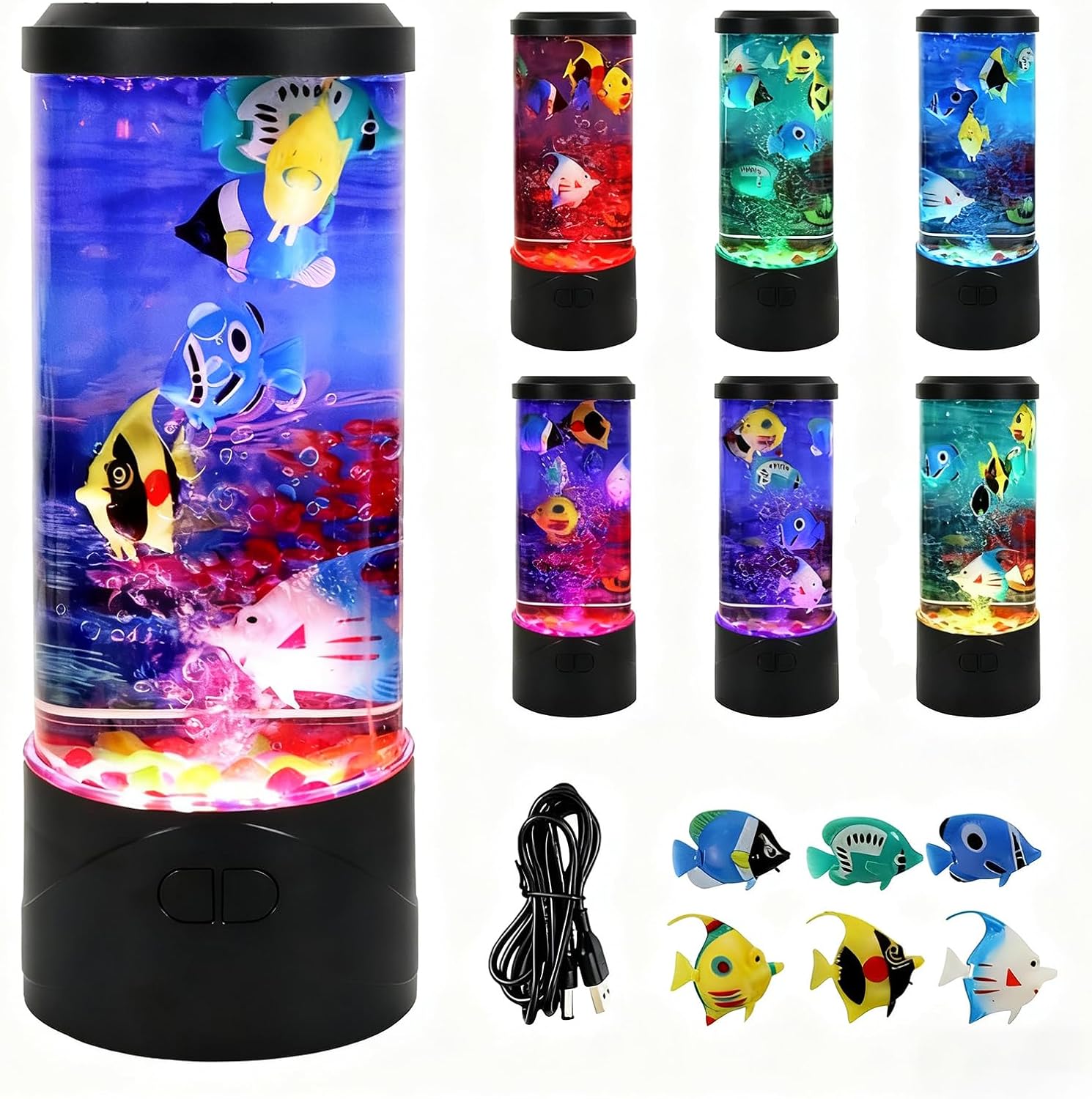 Toycol Bubble Fish Lamp,Artificial Aquarium Lamp with 7-Color Changing,Sensory Bubble Tube Light with 6 Fake Fish Moving,Mood Night Light,Great Gift for Kids & Adults,Decor for Home Office Bedroom