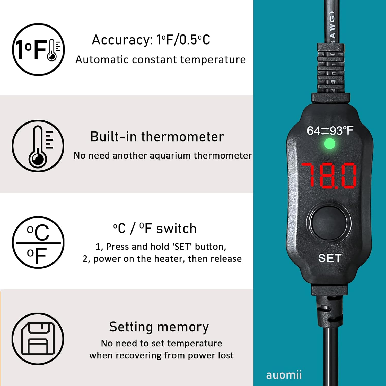 Mini Submersible Aquarium Heater, 10/20/25/50/100/150 Watts Adjustable Fish Tank Heater, Built-in Thermometer, External Temperature Controller, Smart Memory, Used for 1-60 Gallons (10W Plug)