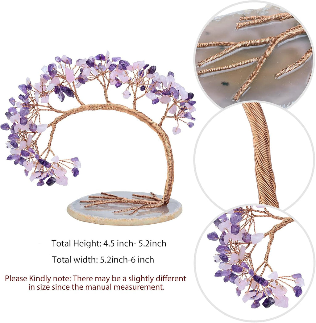 mookaitedecor Natural Amethyst & Rose Quartz Crystal Money Tree Agate Slice Base Feng Shui Bonsai Crystal Tree for Wealth Luck Desk Decor, 4.5-5.2 Inch High