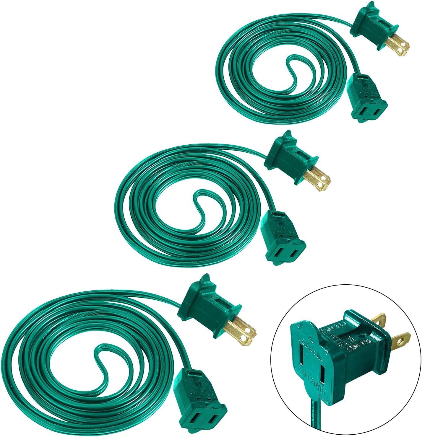 3 Pack 2 Prong Polarized Extension Cord Green Extension Cord 6 Feet with Stackable Unpolarized Plug, 5A 120V 432W, for Connect/Extend Indoor Outdoor Christmas Lights String (18 Feet)