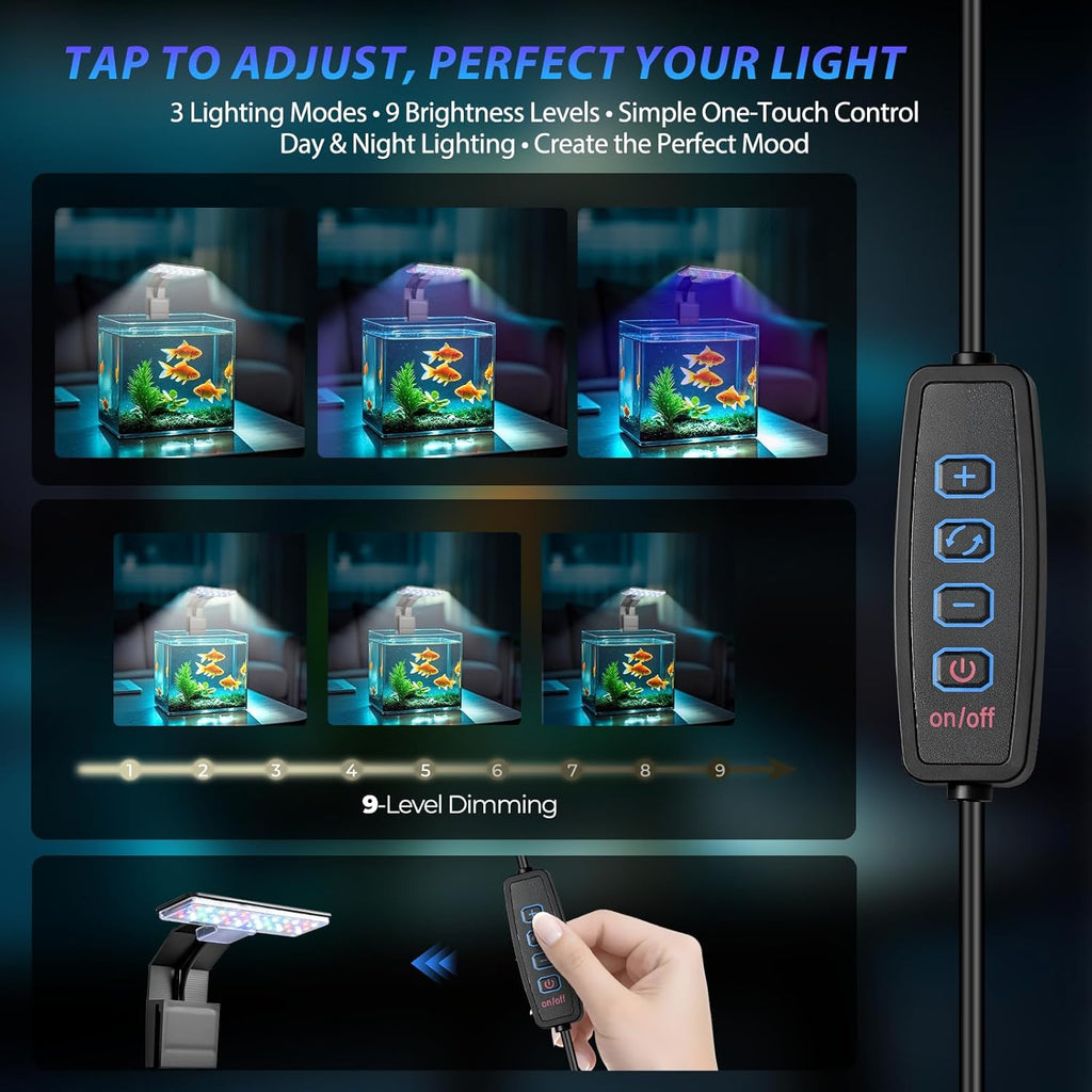Mini Clip-On Aquarium Light 7W USB Dimmable Fish Tank Lamp with 3 Light Modes (Full Spectrum/White/RGB), 9-Level Brightness, Compact LED Light for 1–3 Gallon Aquariums (Adapter Not Included)
