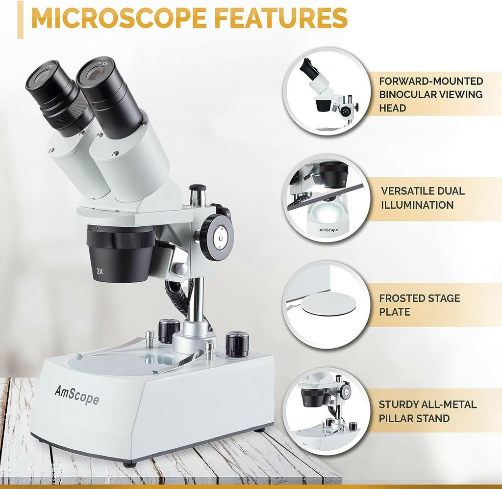 AmScope SE306R-PY-LED Forward-Mounted Binocular Stereo Microscope, WF10x and WF15x Eyepieces, 20X/30X/40X/60X Magnification, 2X and 4X Objectives, Upper and Lower LED Lighting, Reversible Black/White Stage Plate, Pillar Stand, 120V