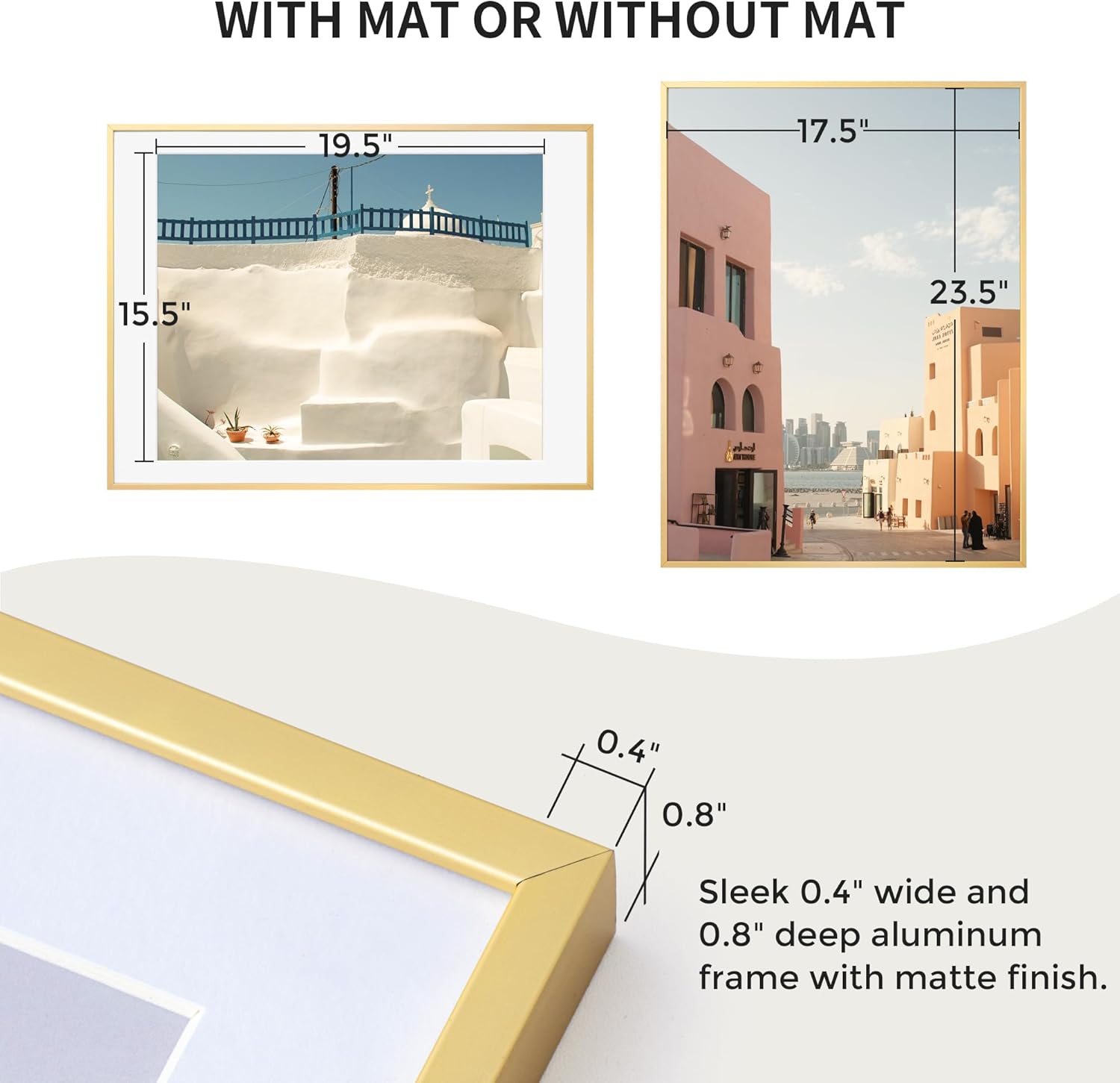 Fun Memories 18x24 Aluminum Poster Frame, 18 x 24 inch Metal Picture Frames with Real Glass Front, Displays 16x20 Photos with Mat or 18x24 Images without Mat - Gold - Set of 2