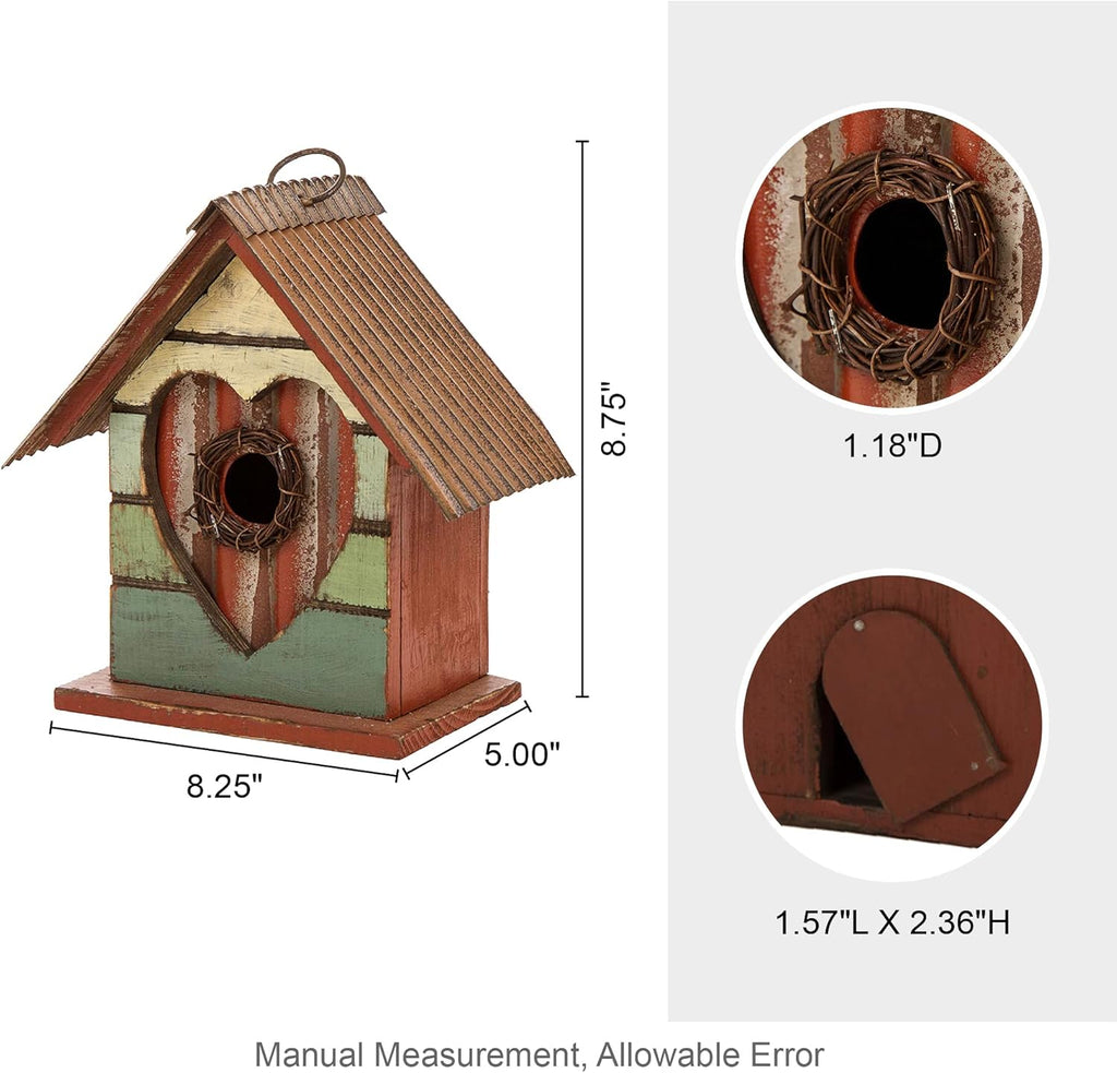 Glitzhome Hanging Bird House for Outdoor, 8.75" H Decorative Pet Cottage Distressed Heart Wooden Birdhouse for Outside,Graden Birdhouse for Bluebird Hummingbird Wren Finch Cardinals Cedar
