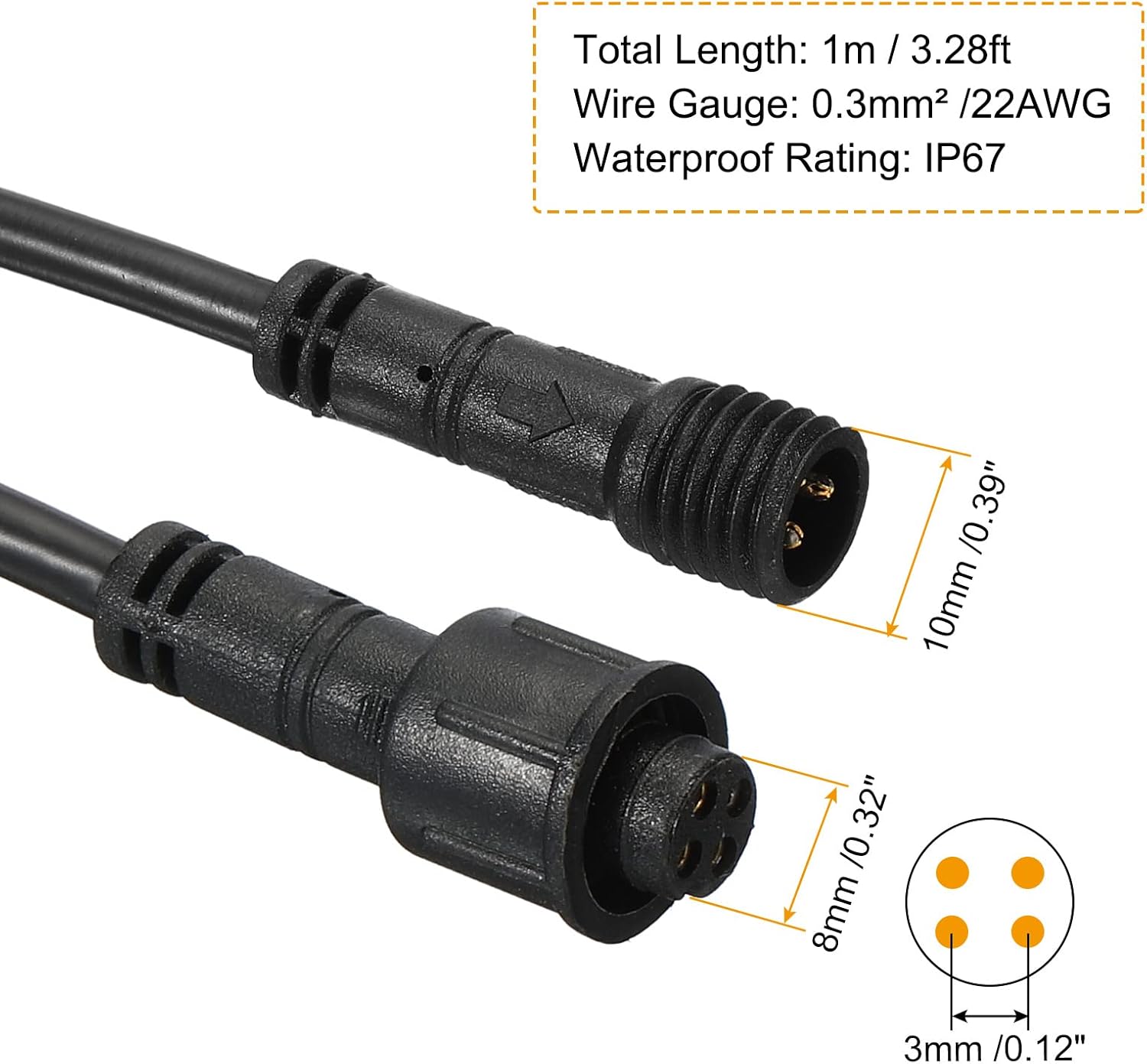PATIKIL 3.28Ft 4 Pin Extension Cable Wire, 2Pcs 22 AWG Waterproof IP67 Connector with Male and Female at Both Ends for LED Strips, Black