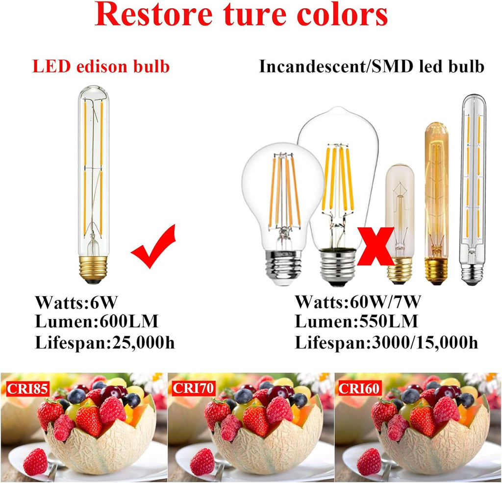 Arberlic 7.3 Inch T10 LED Bulb,6W Tubular Light Bulb Equivalent E26 led Bulb 60 watt dimmable,Warm White 2700K,600lm,CRI85+,AC120V,Clear Glass Long E26 Edison Bulb,Flicker-Free,Pack of 6
