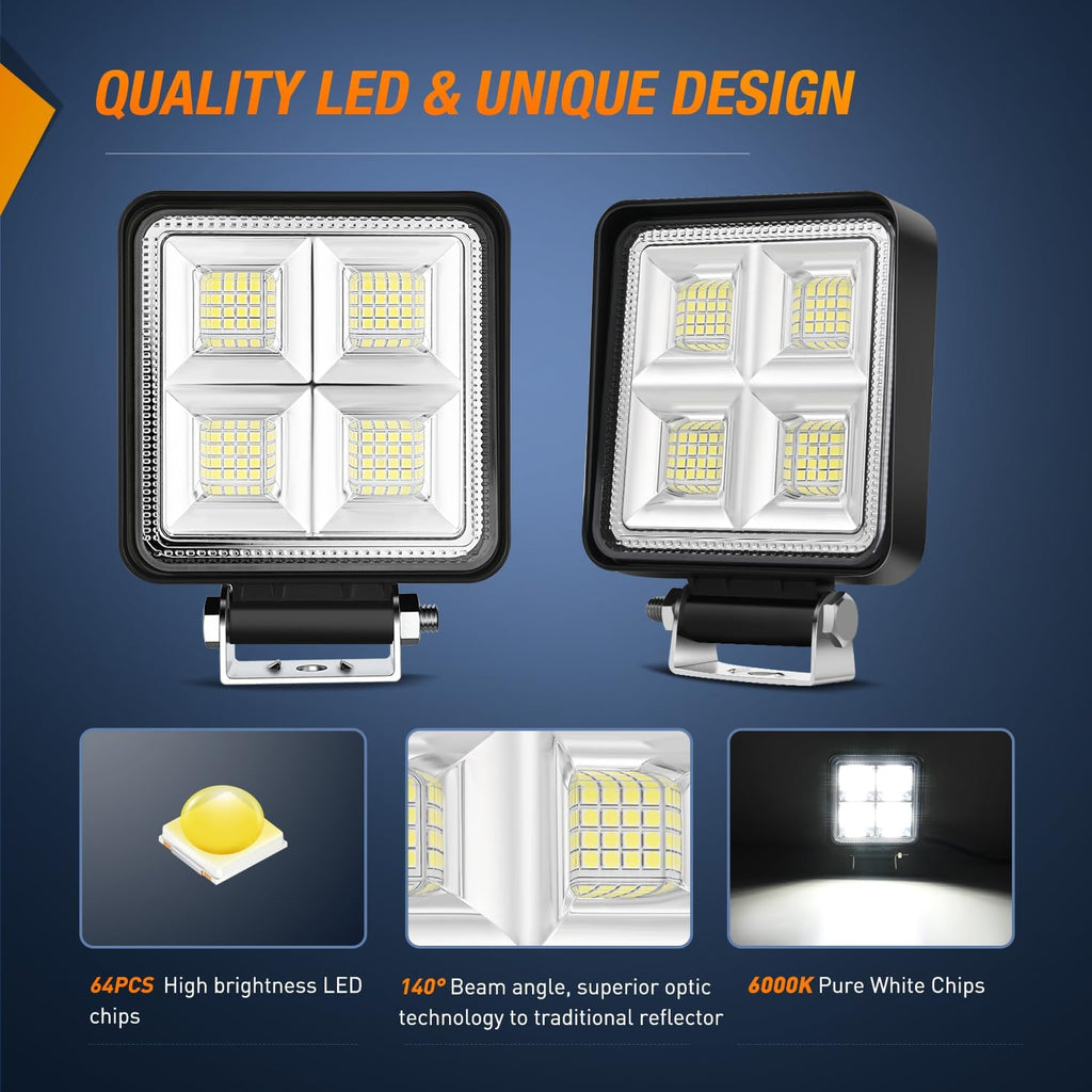 Nilight LED Tractor Lights LED Pods Square 2PCS 4 Inch 64LEDs Flood Light Bar Fog Driving Work Lighting for Truck Off Road Vehicles ATV UTV Boat SUV Van