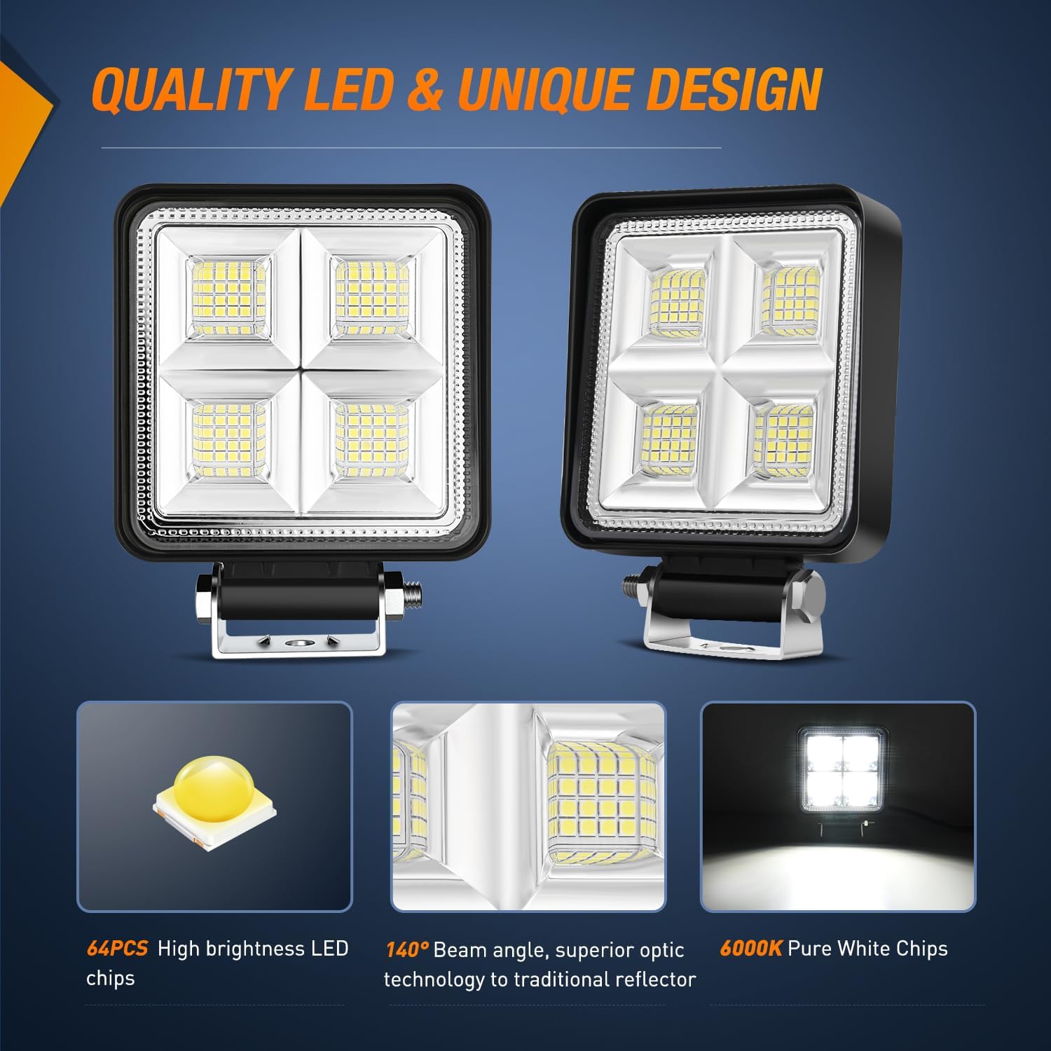 Nilight LED Tractor Lights LED Pods Square 2PCS 4 Inch 64LEDs Flood Light Bar Fog Driving Work Lighting for Truck Off Road Vehicles ATV UTV Boat SUV Van