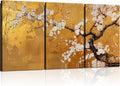 3 Pcs Framed Japanese Golden Plum Blossom Flower Wall Art Decor Canvas Print Picture Traditional Woodblock Print Style Farmhouse Poster Gallery Bedroom Living Room Office 12x16 Inch Ready to Hang