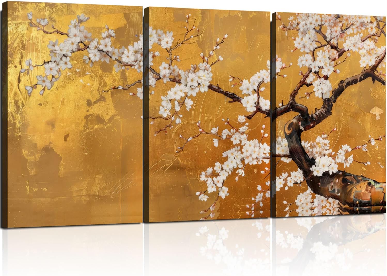 3 Pcs Framed Japanese Golden Plum Blossom Flower Wall Art Decor Canvas Print Picture Traditional Woodblock Print Style Farmhouse Poster Gallery Bedroom Living Room Office 12x16 Inch Ready to Hang