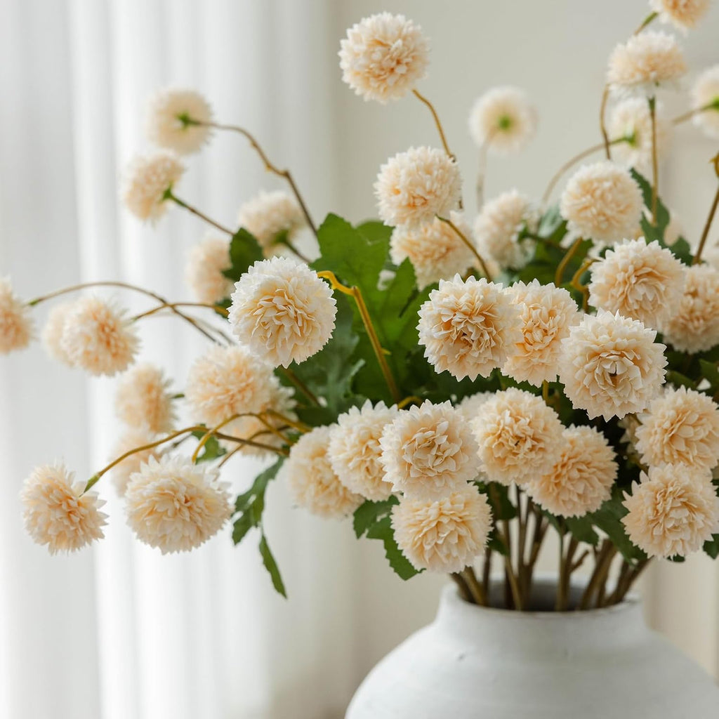 mizii 6Pcs Beige Fake Silk Pompon Mum Artificial Flowers Bulk Small Faux Chrysanthemums with Stems Floral Decorations for Wedding DIY Bouquet Centerpieces Shower Vase Home Decor (Bright Beige)