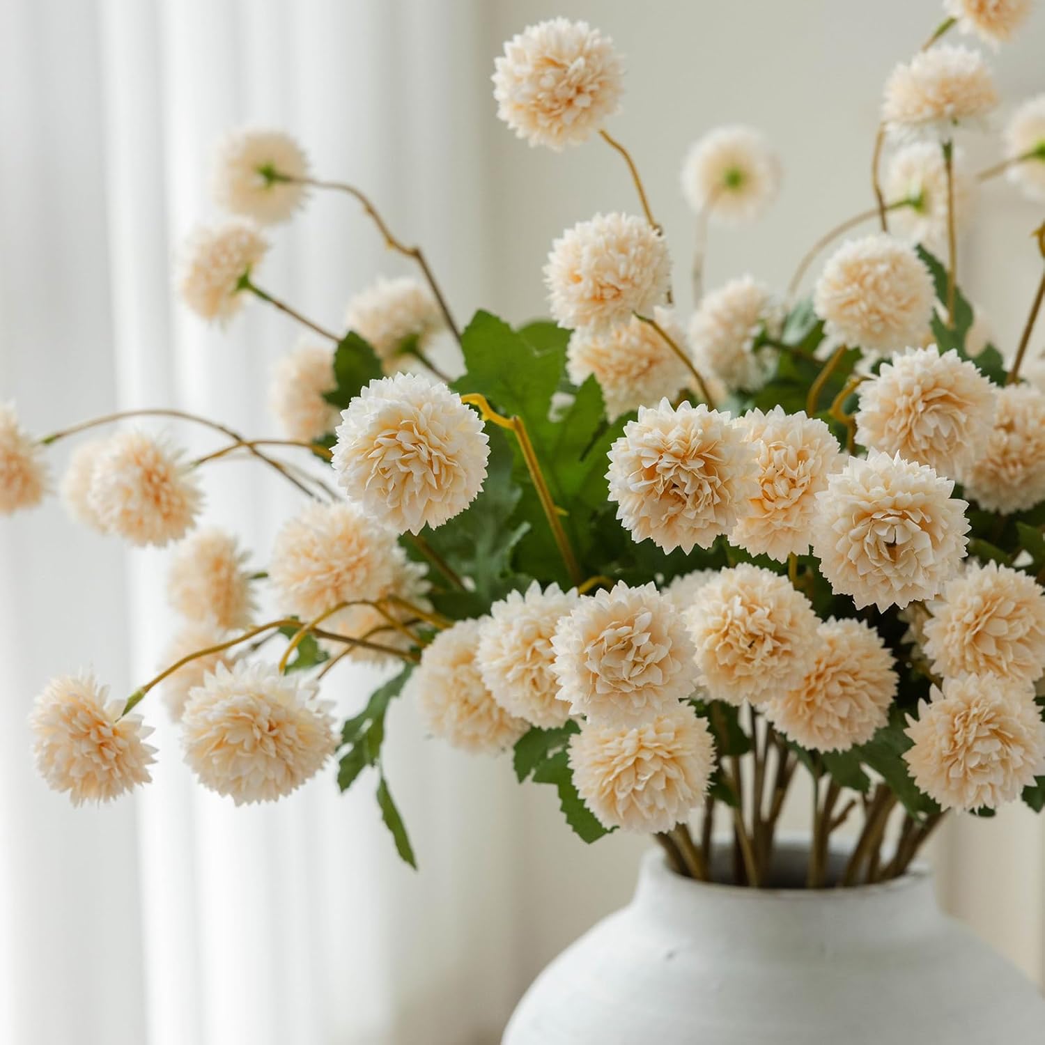 mizii 6Pcs Beige Fake Silk Pompon Mum Artificial Flowers Bulk Small Faux Chrysanthemums with Stems Floral Decorations for Wedding DIY Bouquet Centerpieces Shower Vase Home Decor (Bright Beige)