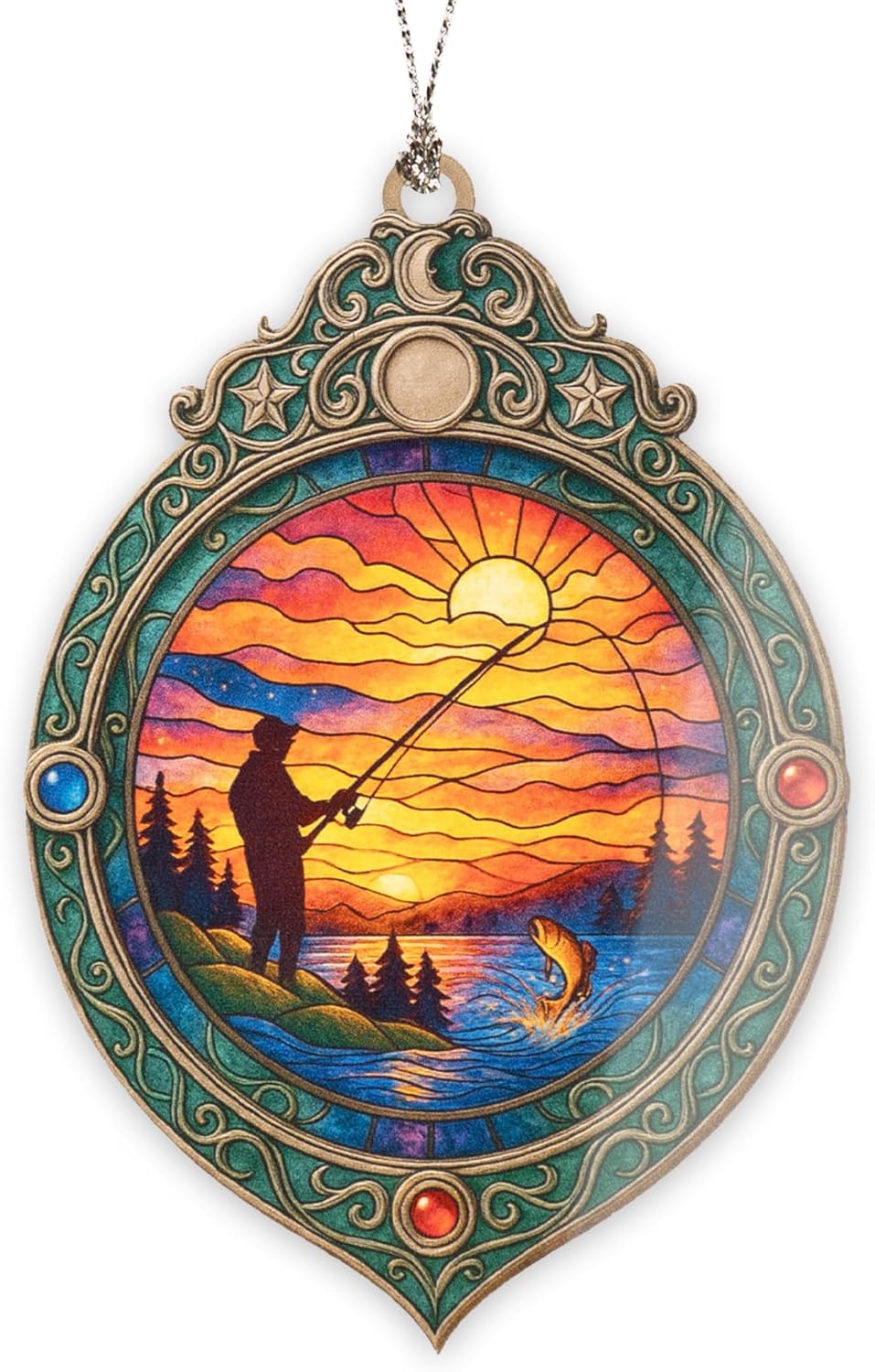Fishing Ornament – Fisherman Decor – Bass Fishing Gift – Outdoor Cabin Ornament – Fisherman Card for Dad – Suncatcher Effect Stained Glass Window – Car Hanging