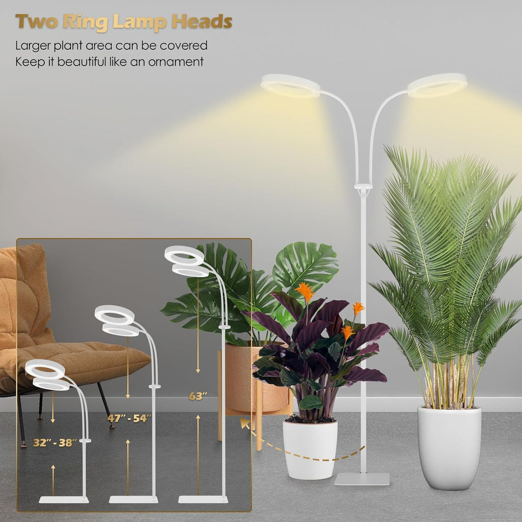 GLOWRIUM Grow Lights for Indoor Plants, Full Spectrum LED Grow Light Floor Lamp with Stand Adjustable Height and Angle, Black Plant Light with 3/9/12H Grow Light Timer (White, 36W)