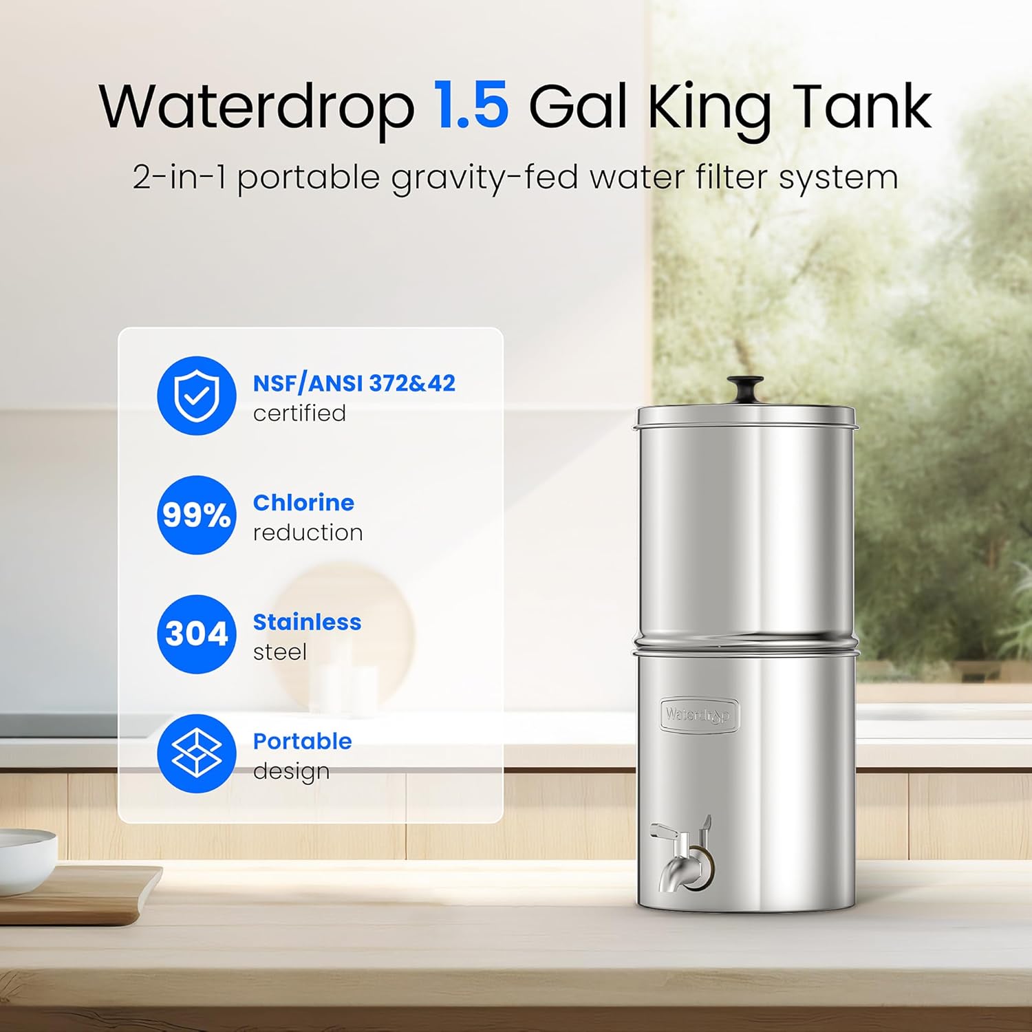 Waterdrop 1.5 Gallon Countertop Water Filtration System, NSF/ANSI 42&372 Certified Black Carbon Elements, Reduce Lead and Up to 99% Chlorine, for Home, Travel, Camping, Off-Grid