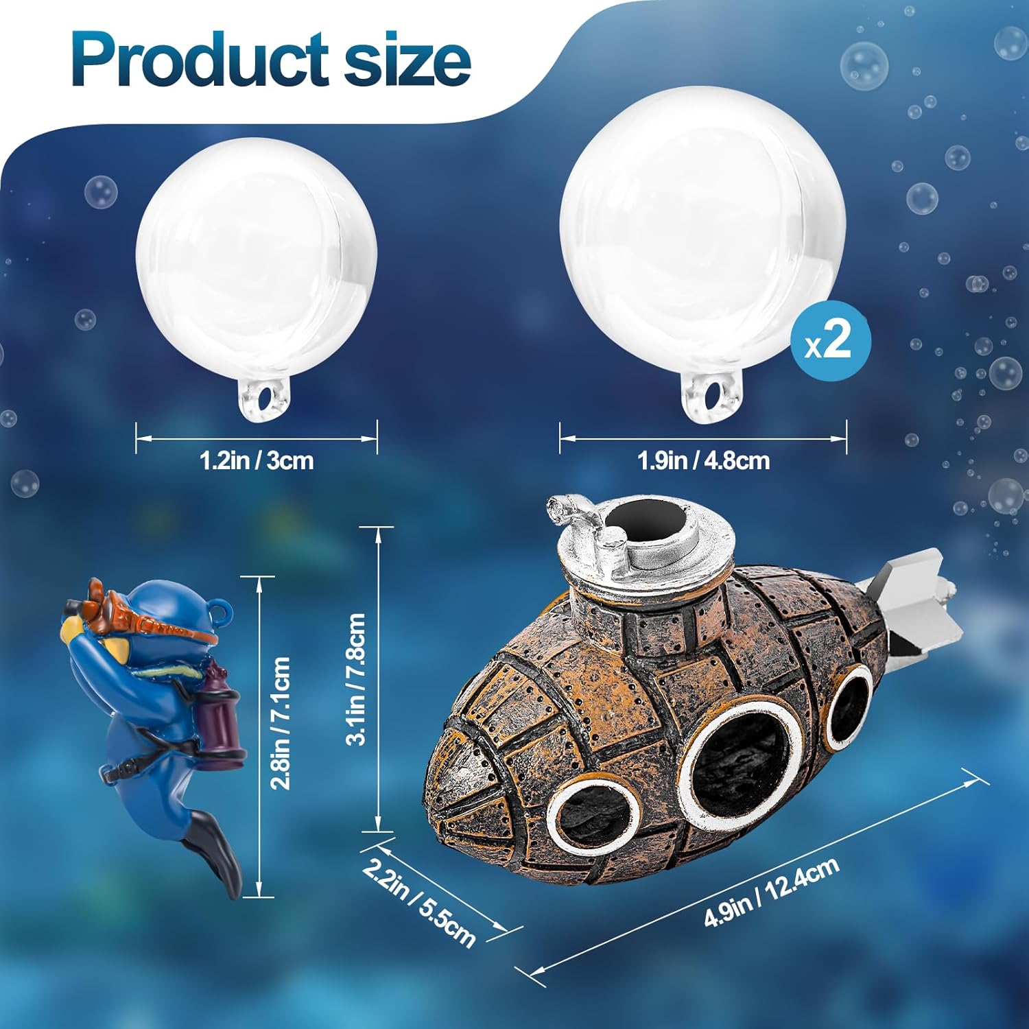 CousDUoBe New Upgrade Floating Fish Tank Decoration, Cute Retro Submarine Set and Floating Diver,Three Float Balls, Aquarium Decorations Resinous Betta Fish Tank Accessories