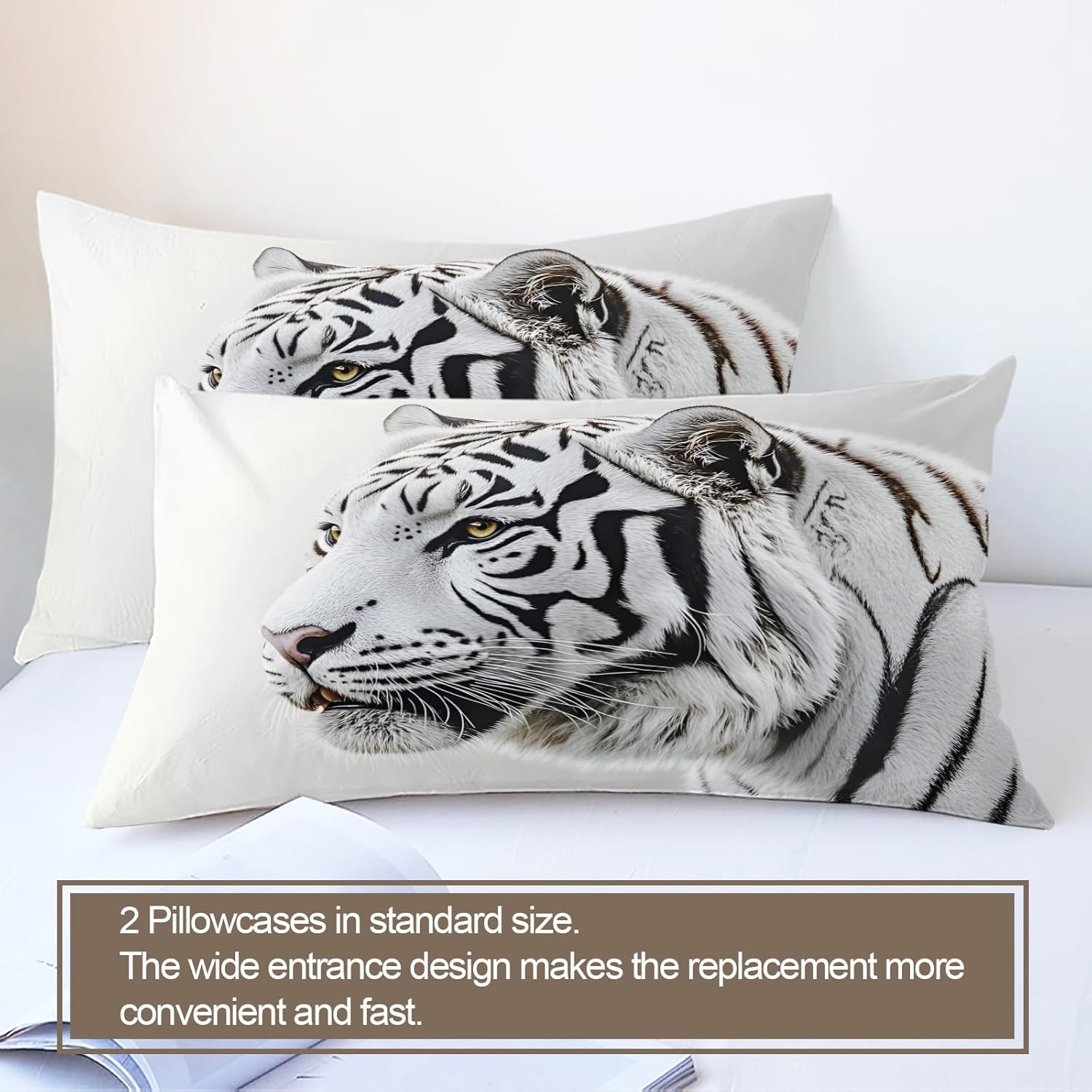 White Tiger Duvet Cover California King, Wild Nature Predator Tiger Bedding Set 3 Piece Bedroom Decor Black White Comforter Cover with Zipper Ties & 2 Pillowcases