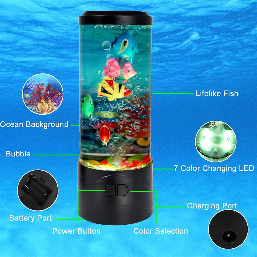 Toycol Bubble Fake Fish Lamp, Sensory Aquarium Lamp with 5 Floating Fake Fish & 7 Colors Light, Night Light for Relax and Decoration, Ideal Gift for Kids and Adults