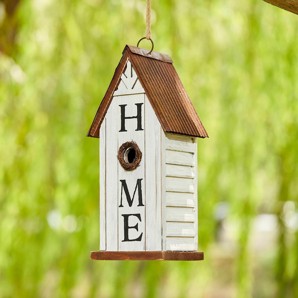 Glitzhome Decorative Bird Houses for Outdoors,14.75" H Distressed Bluebird House Solid Wood Hanging Bird House Home Inspiration Decorative Pet Cottage Outdoor Garden Birdhouse,Washed White
