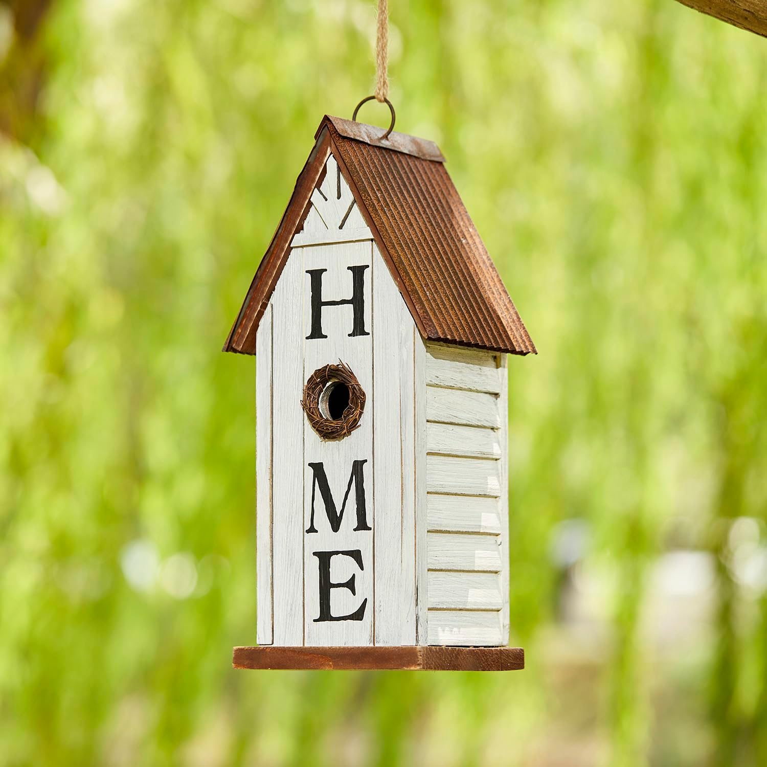 Glitzhome Decorative Bird Houses for Outdoors,14.75" H Distressed Bluebird House Solid Wood Hanging Bird House Home Inspiration Decorative Pet Cottage Outdoor Garden Birdhouse,Washed White