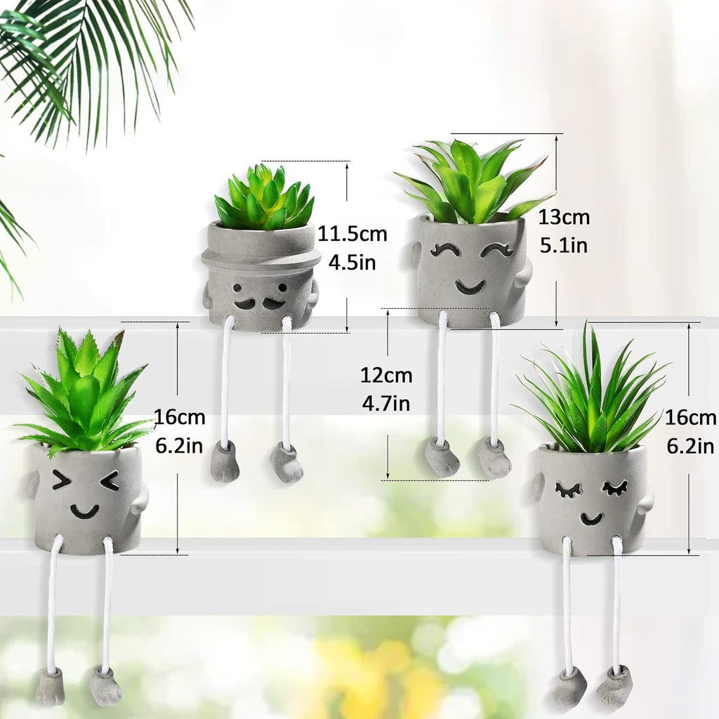 INFTYLE Creative Artificial Succulent Plants with Pots - 4 Pieces Mini Fake Plant Faux Succulent Emotional Cement Potted for Home Desk Shelf Kitchen Bathroom and Offices Decor Gift Set(4 PCS)