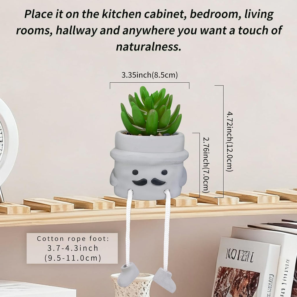 Cute Artificial Succulent Plant in Cement Pot with Hanging Legs, Mini Faux Succulent Decor for Kitchen Shelves, Bathroom Wall Shelf - Fake Small Plant for Home & Office Desktop, Shelf Accents