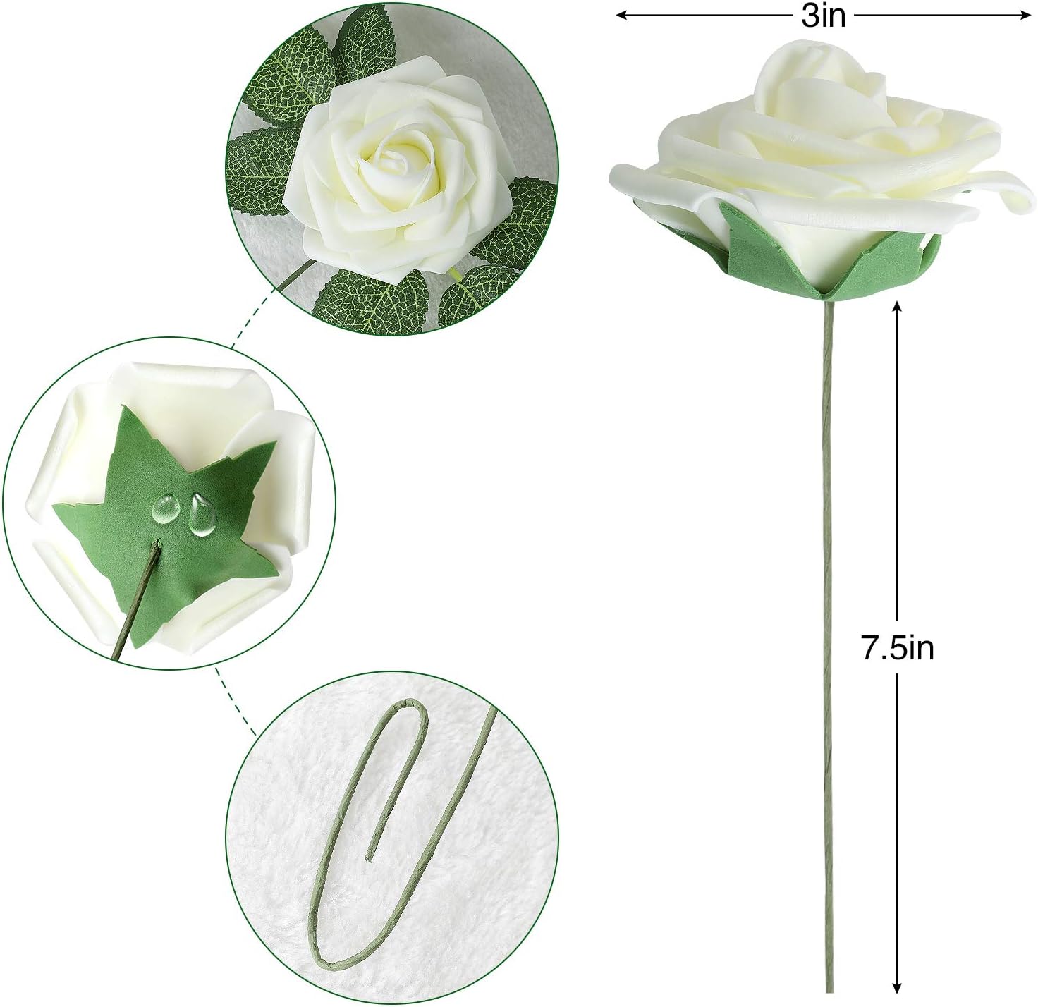 AmyHomie Artificial Flower Ivory Rose 25pcs Real Looking Fake Roses w/Stem for DIY Wedding Bouquets Centerpieces Arrangements Party Baby Shower Valentines Day Christmas Tree Decorations