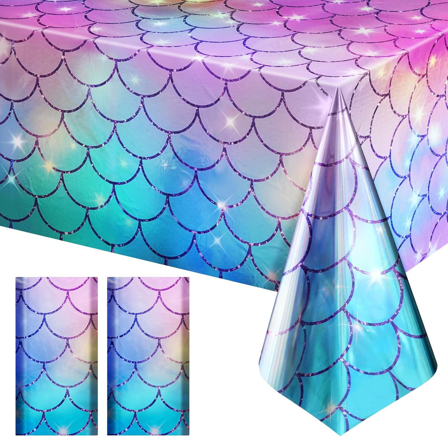 2 Pack Mermaid Tablecloth, 54x 108” Blue & Purple Disposable Table Cover, Fish Scale Design, Plastic Party Decoration for Under The Sea, Princess, Baby Shower, Kids Birthday