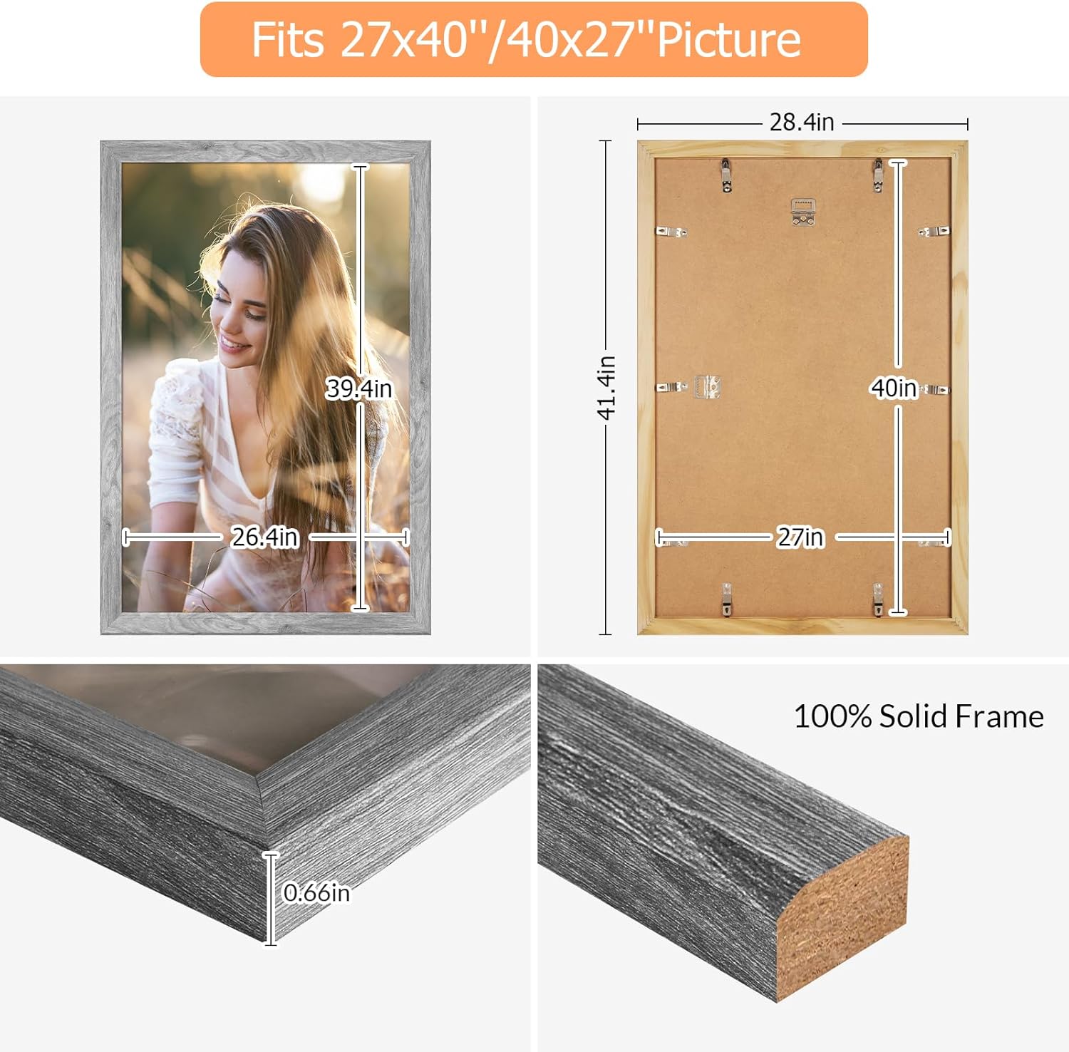 27x40 Wood Frame Gray, Rustic Natural Grey Wooden 40x27in Poster Picture Frame, Distressed 27 x 40inch Woodgrain Gallery Photo Frame with HD Plexiglass, Horizontal Vertical Wall Mounting Display 1pcs