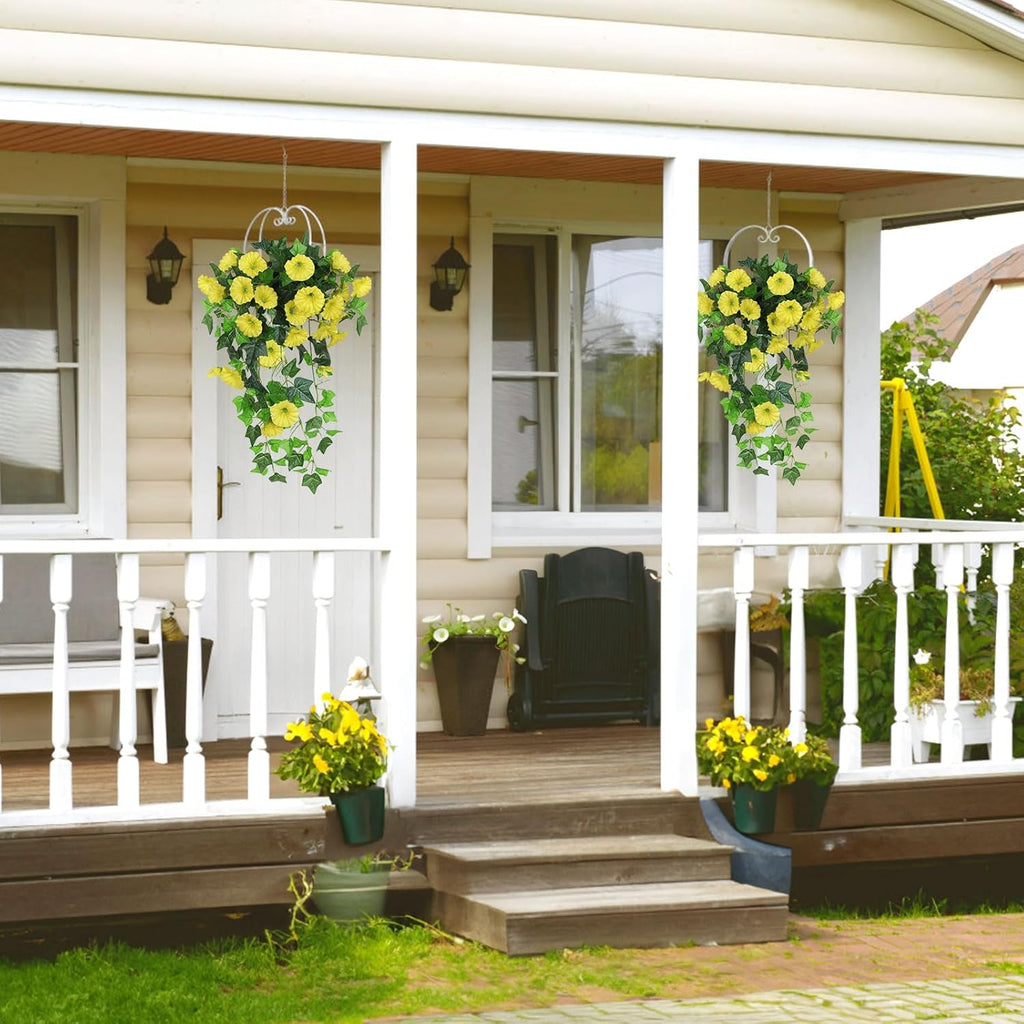 RECUTMS Artificial Fake Hanging Flowers Plants for Outdoor Decoration, 2 Pcs UV Resistant Faux Petunias Trailing Plants Realistic Flower Look Real for Door Wall Yard Porch Garden Planter (Yellow)