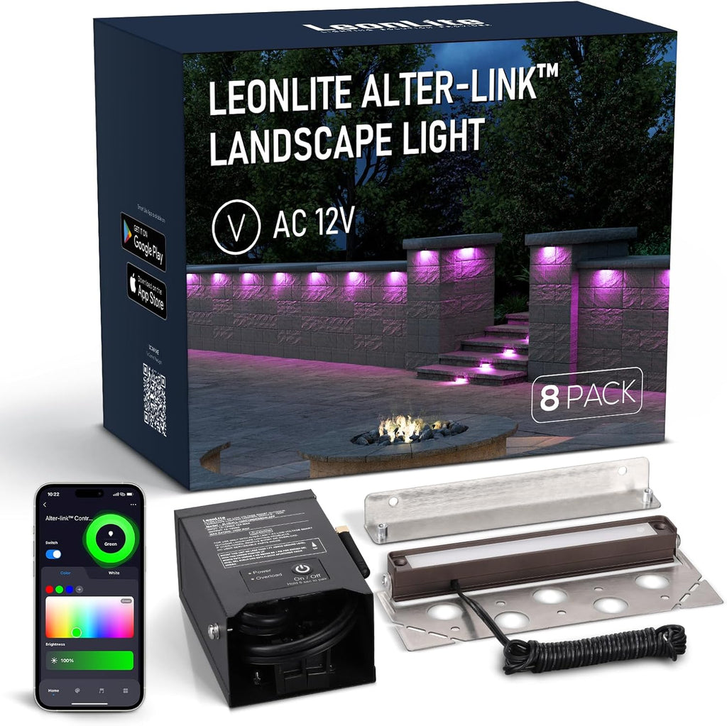 LEONLITE Alter-Link Series 8-Pack RGBCW 7 Inch LED Hardscape Lighting, Bi-Flow Controller Included, 12V-15V AC Smart Low Voltage Hardscape Lighting, 1800K-5000K Color Changing Retaining Wall Lights