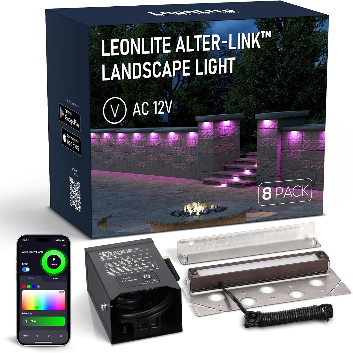 LEONLITE Alter-Link Series 8-Pack RGBCW 7 Inch LED Hardscape Lighting, Bi-Flow Controller Included, 12V-15V AC Smart Low Voltage Hardscape Lighting, 1800K-5000K Color Changing Retaining Wall Lights