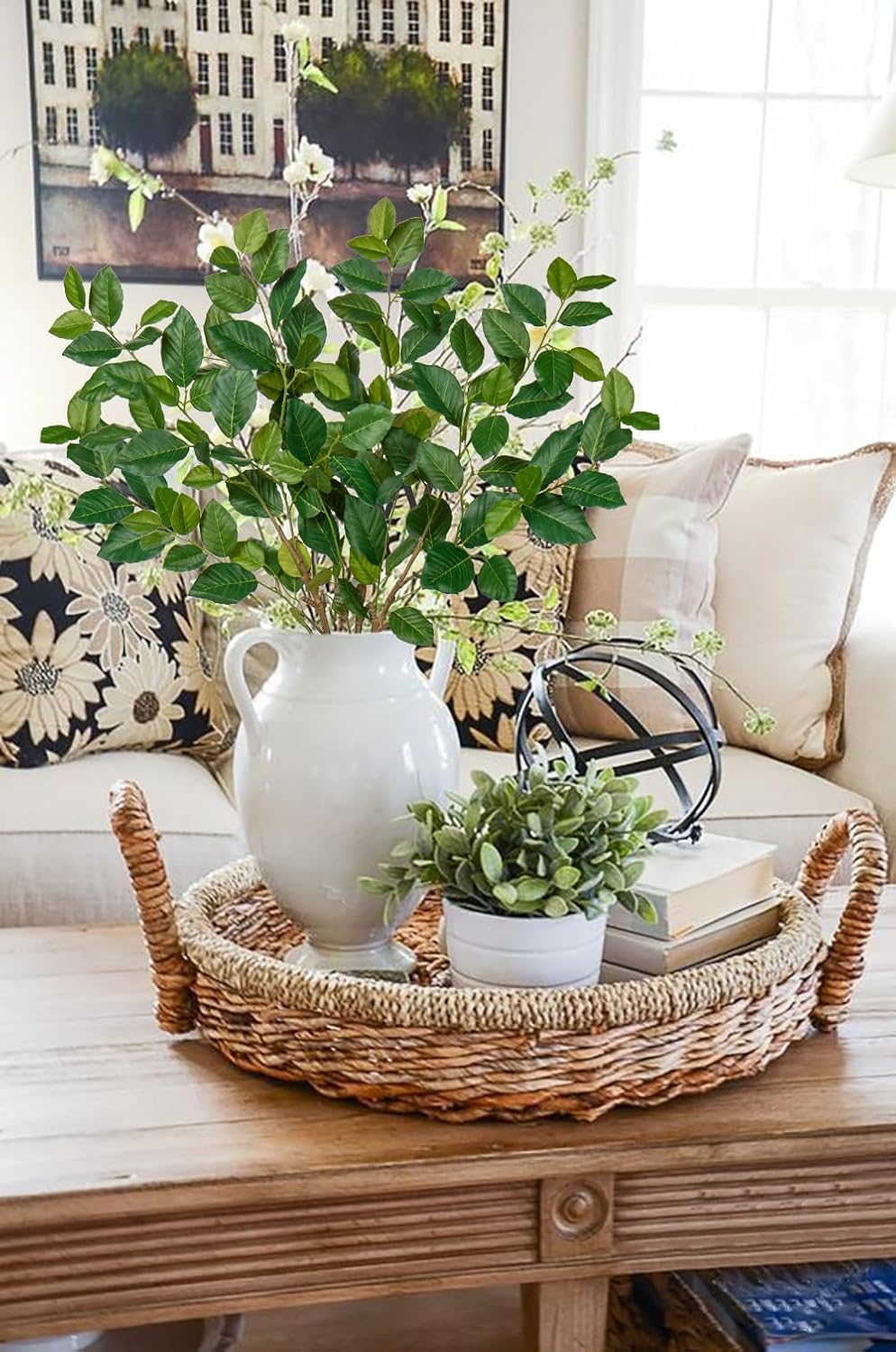 Briful 3PCS Artificial Greenery Stems Fake Plants, 35'' Long Stem Faux Camellia Branches, Real Touch Year Round Tea Leaf Branches Artificial Plants for Home Farmhouse Wedding Centerpiece Decor