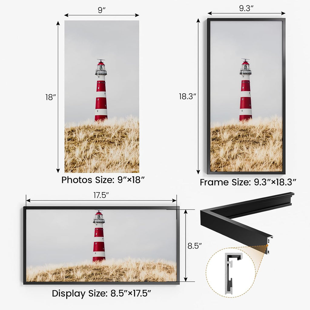 9x18 Aluminum Metal Picture Frame,Tempered Glass Black Photo Frame 9x18 for Family Photo,Posters,Art,Document to Wall Mount Horizontally or Vertically