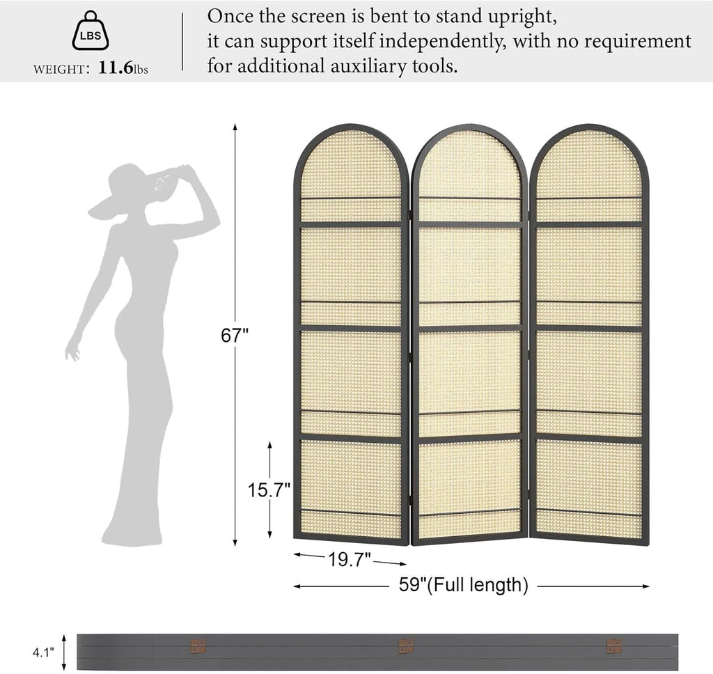 Rattan Room Divider with Built-in Bookshelf | Foldable Privacy Screen & Portable Partition for Home Office, Bedroom, Reading Nook | Wooden Frame, Freestanding Design (Black-Rattan)