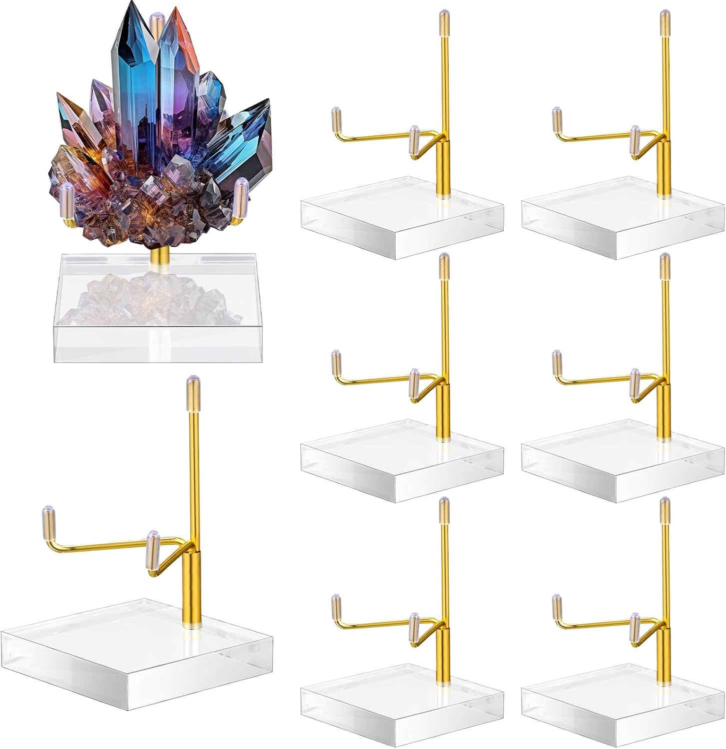 Kigley 8 Pcs Adjustable Metal Arm Display Stand Crystal Holder Easel Display with Acrylic Base Easel Rock Mineral Stand for Geodes Mineral Agate Collection(Gold,2 x 2 x 3.5 Inch)