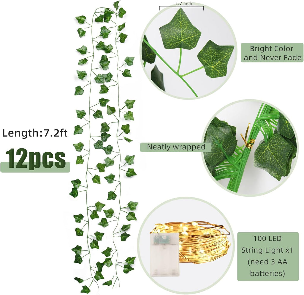 RECUTMS Ivy Fake Vines for Room Decor 12 Pack 86 FT Artificial Plant with 100 LED String Light Bedroom Aesthetic Hanging Greenery Garlands Backdrop Leaves for Wall Wedding Party Home Garden Decor