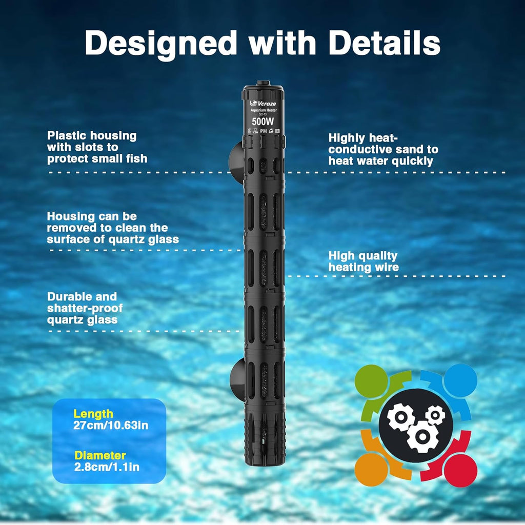 Fish Tank Heater with LED Digital Display Thermostat, Submersible Aquarium Heater with Protective Housing, 500W Adjustable Fish Heater for 75-120 Gallon Tanks
