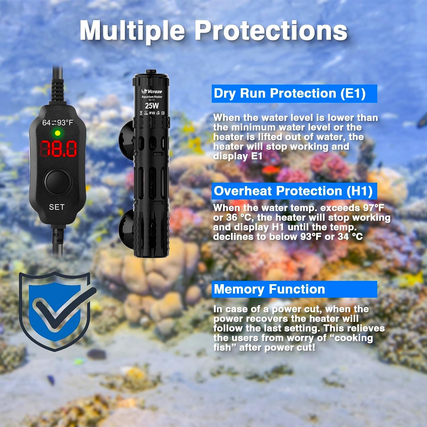 Fish Tank Heater with LED Digital Display Thermostat, Submersible Aquarium Heater with Protective Housing, 25W Adjustable Fish Heater for 3-5 Gallon Tanks