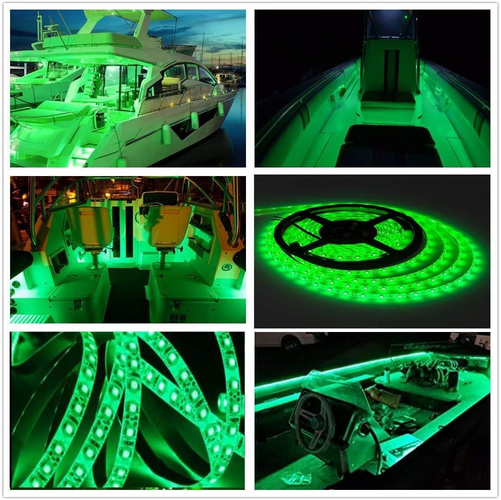 Pontoon Boat LED Strip Lights, 12V 32.8FT Green Waterproof Marine LED Light Boat Interior Light, Boats Deck Hull Gunnel Lighting, Night Fishing Lights for Bass, Jon (No Battery)