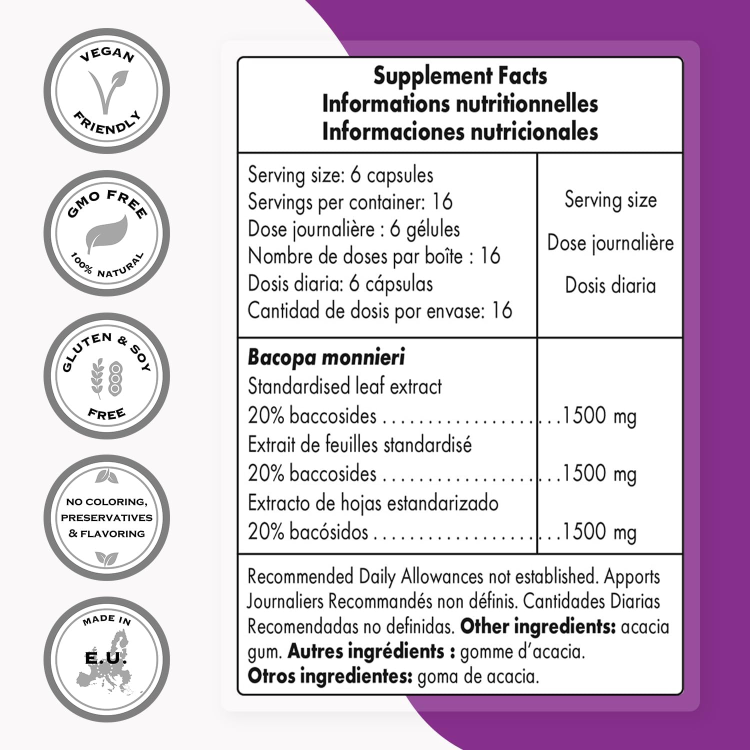 Supersmart Bacopa Monnieri 1500mg per Day (High Bioavailability) - Bacopa Extract - Active Bacosides Nootropic Supplement | Non-GMO & Gluten Free - 100 Vegetarian Capsules