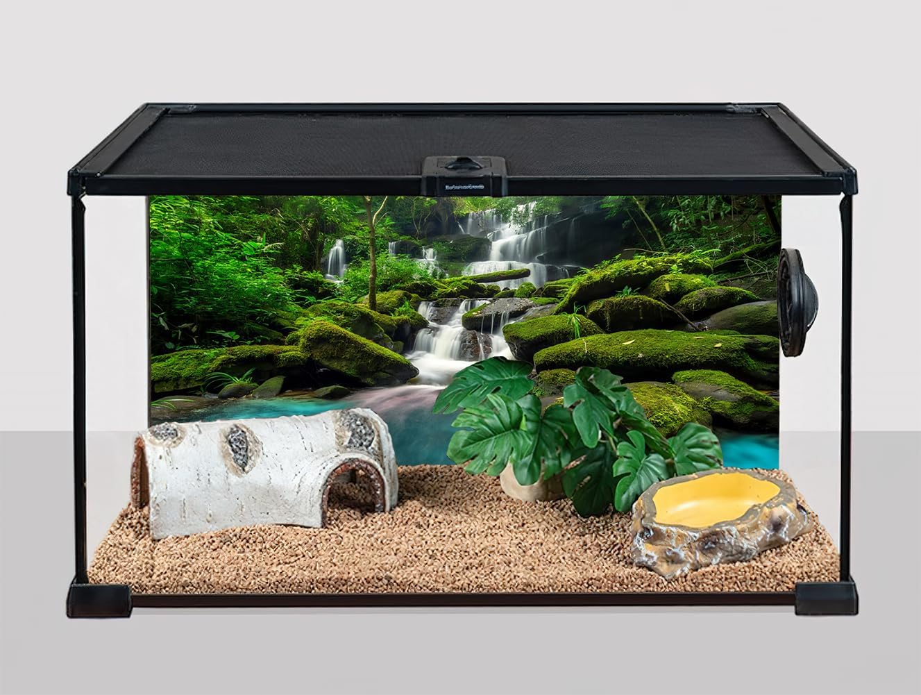 48X24 Inch Tropical Waterfall Vivarium Backdrop - Rainforest Mountain Lake & Lush Tree Reptile Tank Background - Durable Polyester Habitat Decoration